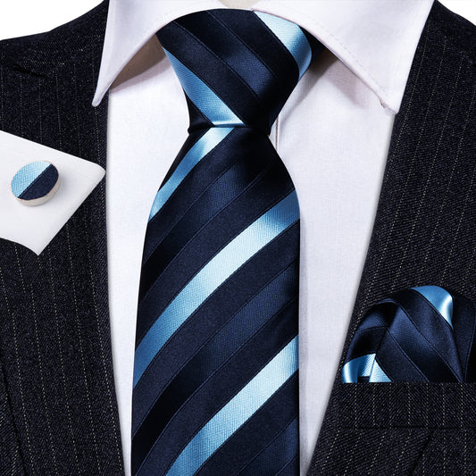  Dark Blue Sky Blue Stripes Tie Handkerchief Cufflinks Set