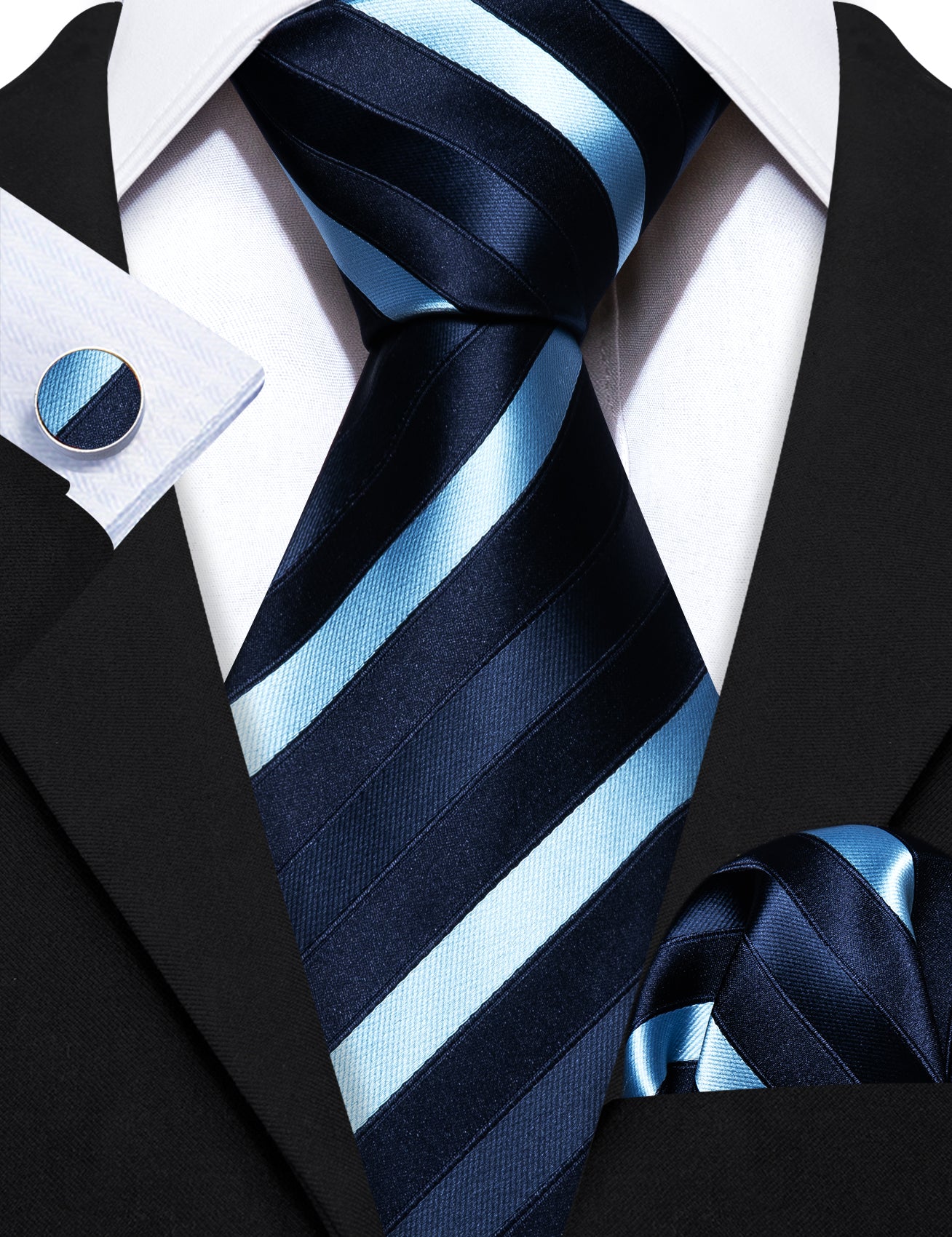  Dark Blue Sky Blue Stripes Tie Handkerchief Cufflinks Set