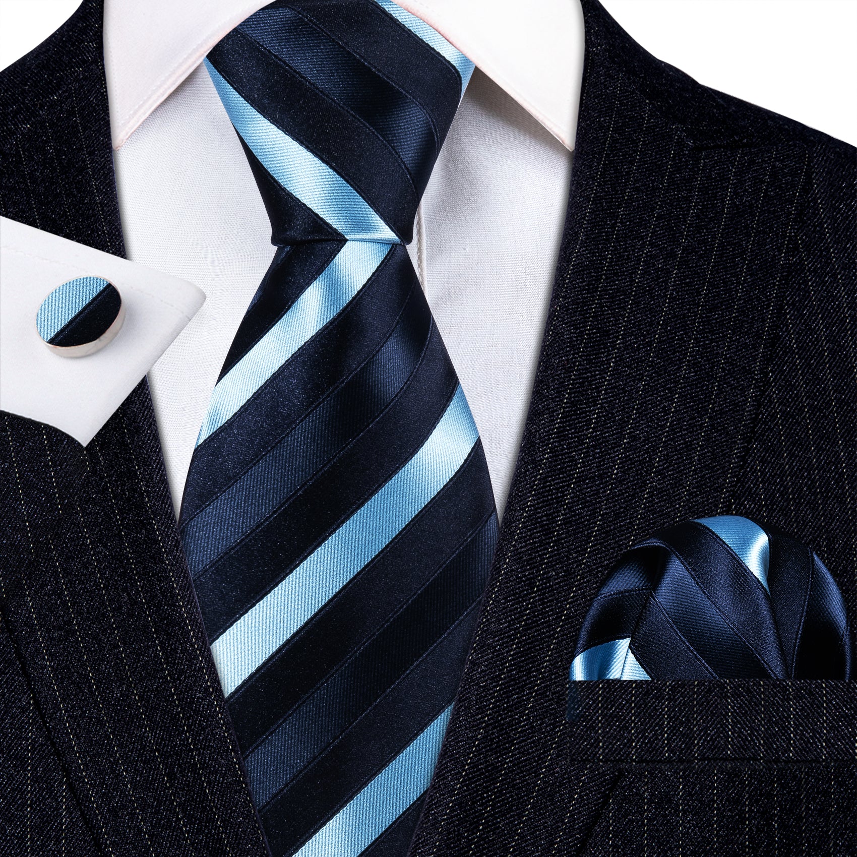  Dark Blue Sky Blue Stripes Tie Handkerchief Cufflinks Set