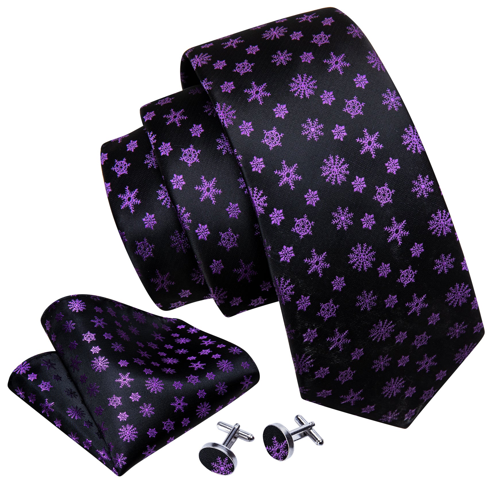 Christmas Black Purple Snowflake Tie Handkerchief Cufflinks Set
