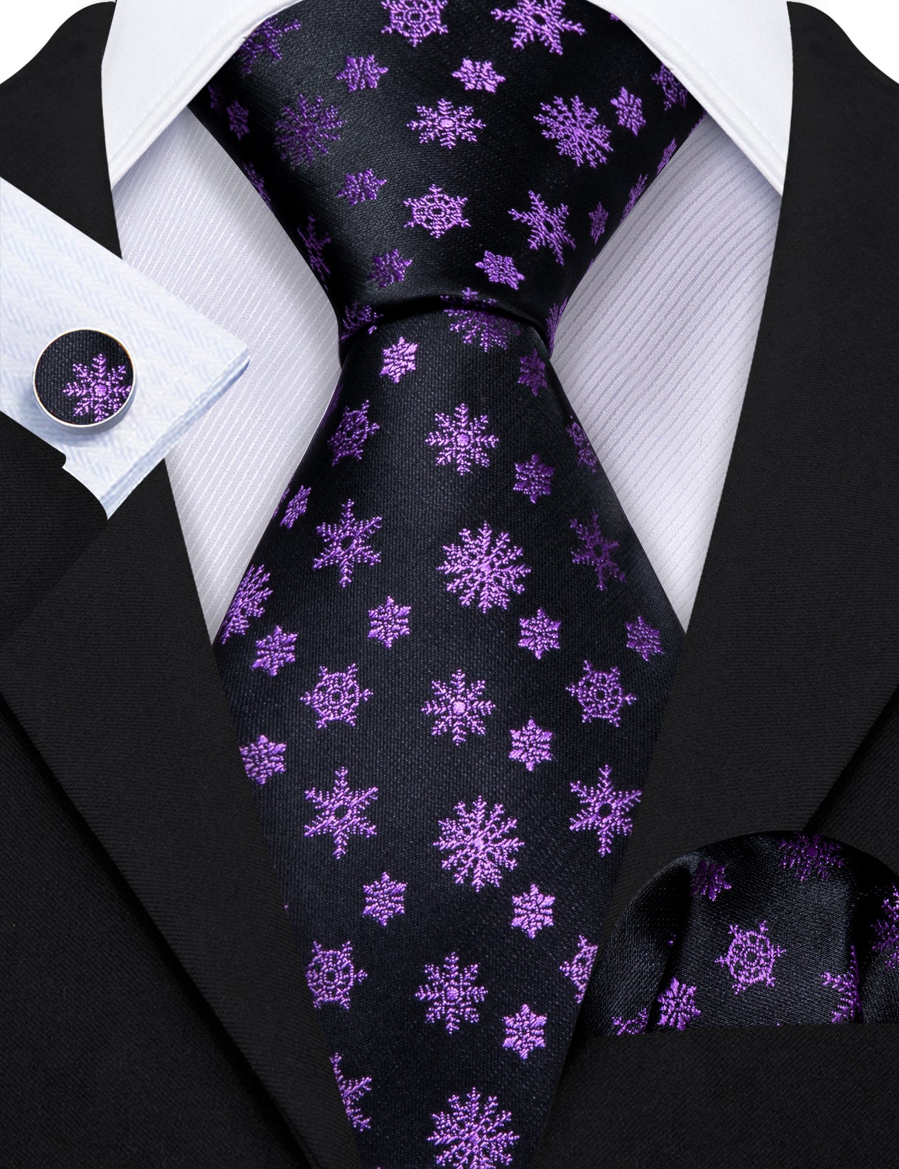Christmas Black Purple Snowflake Tie Handkerchief Cufflinks Set