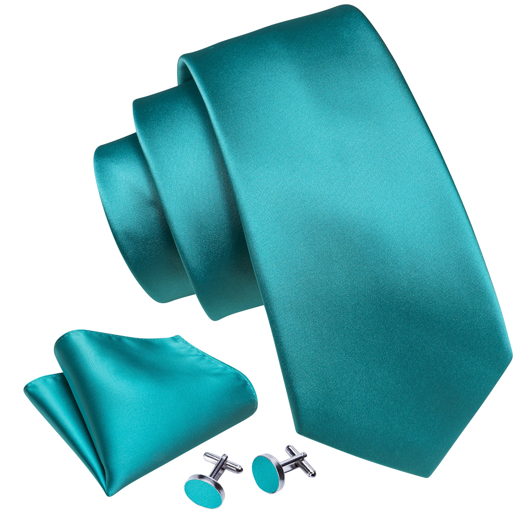 Acid Blue Solid Silk Tie Handkerchief Cufflinks Set For Men