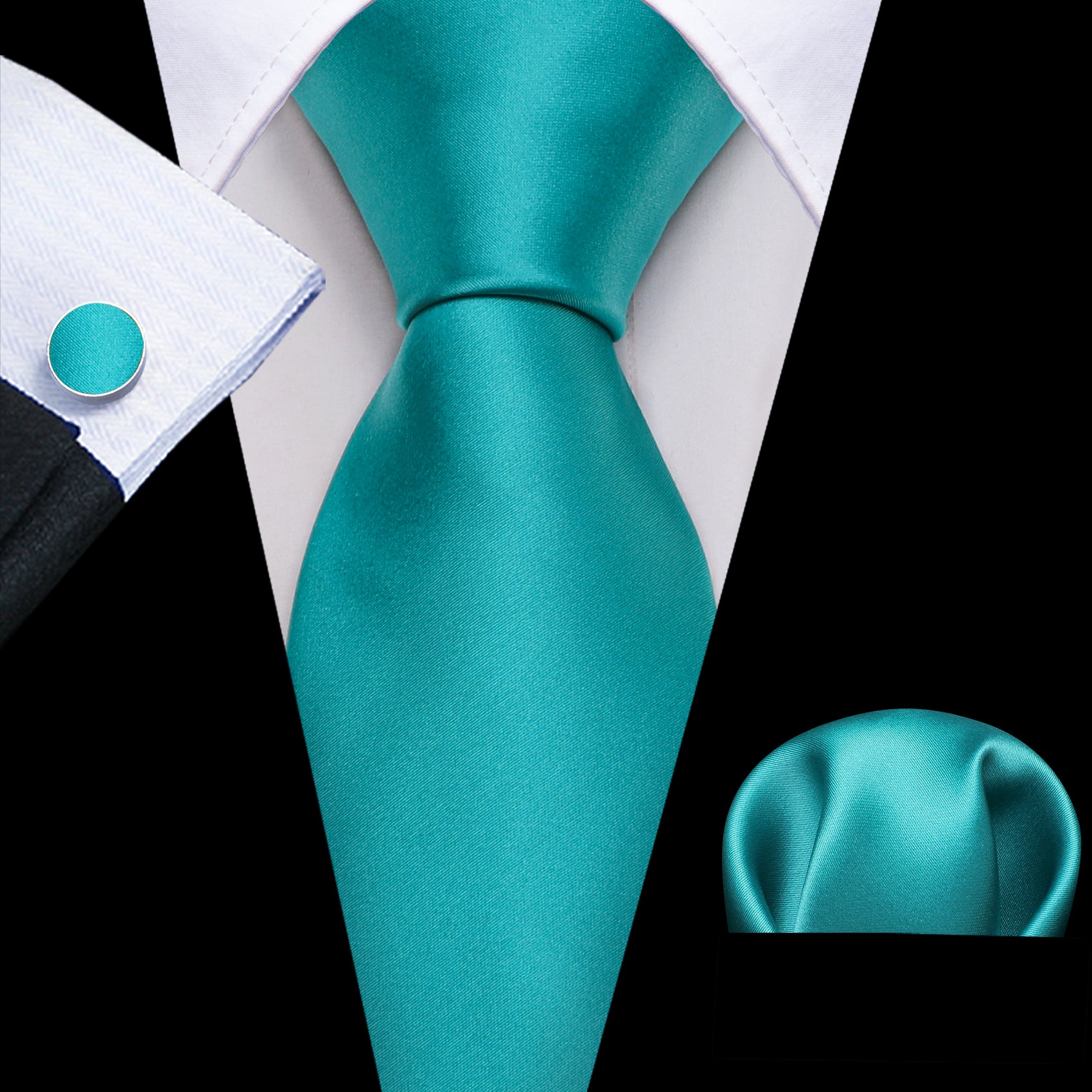 Blue Green necktie with black suit blazer and white dress shirt 