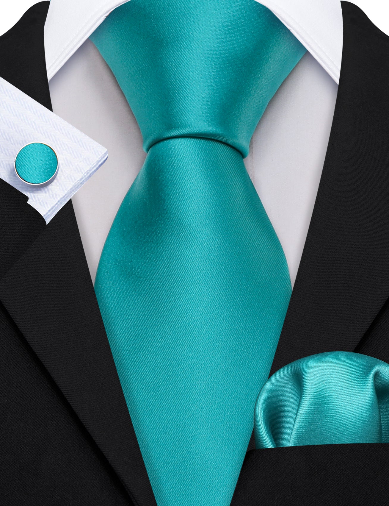 Acid Blue Solid Silk Tie Handkerchief Cufflinks Set For Men