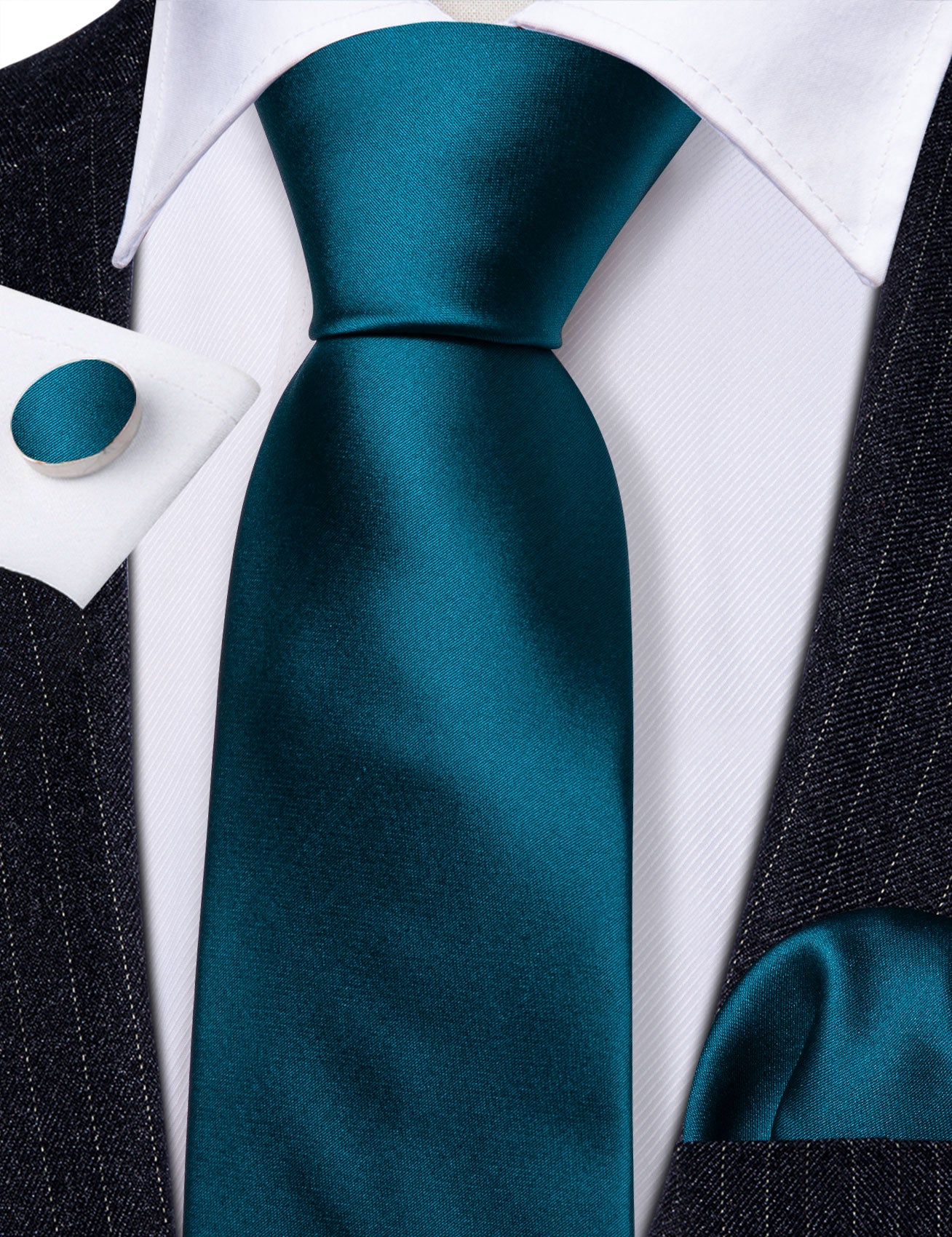 Navy Blue Solid Silk Tie Handkerchief Cufflinks Set For Men