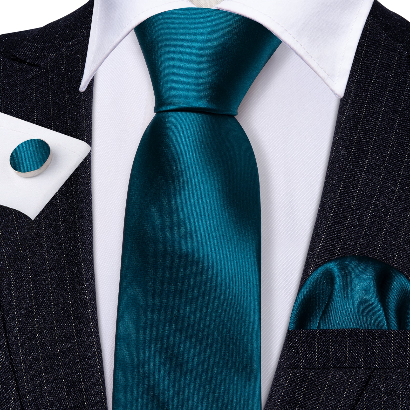 Navy Blue Solid Silk Tie Handkerchief Cufflinks Set For Men