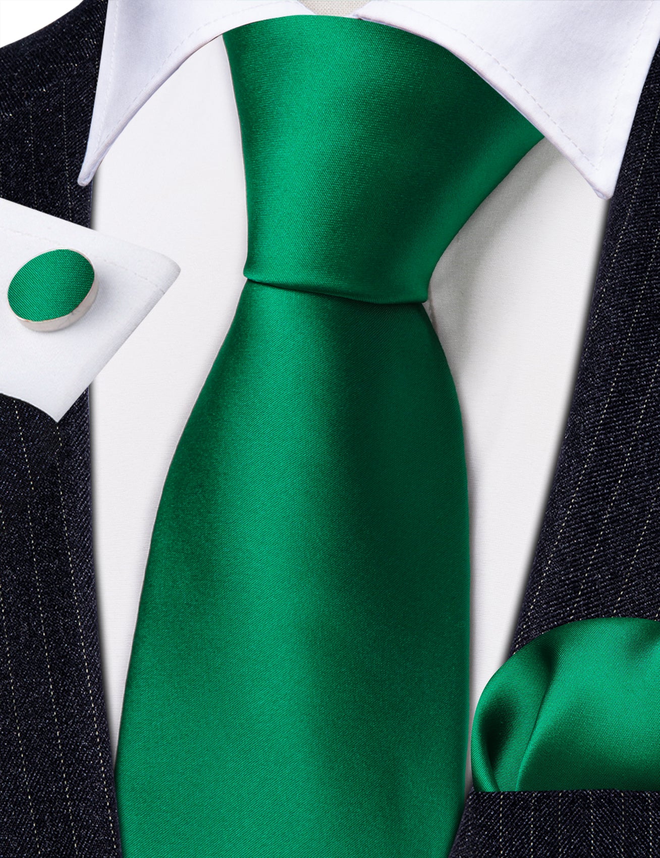 Barry Wang Emerald Green Solid Silk Tie Handkerchief Cufflinks Set For Men