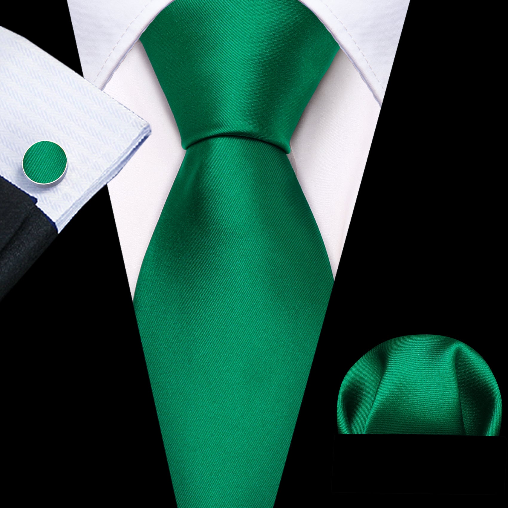 Barry Wang Emerald Green Solid Silk Tie Handkerchief Cufflinks Set For Men