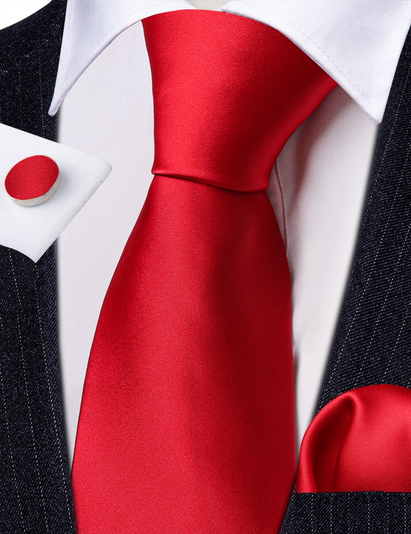 Red Solid Silk Tie Handkerchief Cufflinks Set For Men