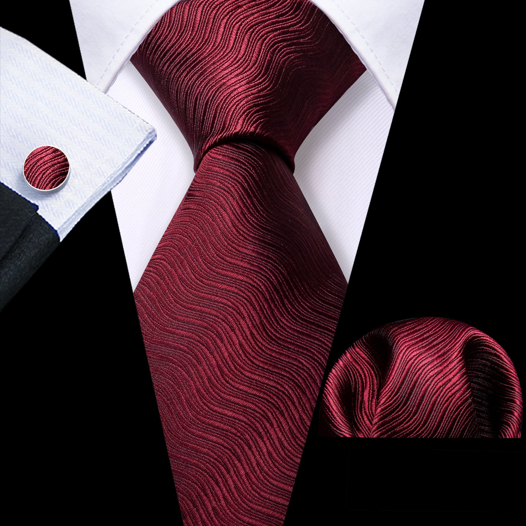 Burgundy Red Solid Ripples Silk Tie Handkerchief Cufflinks Set