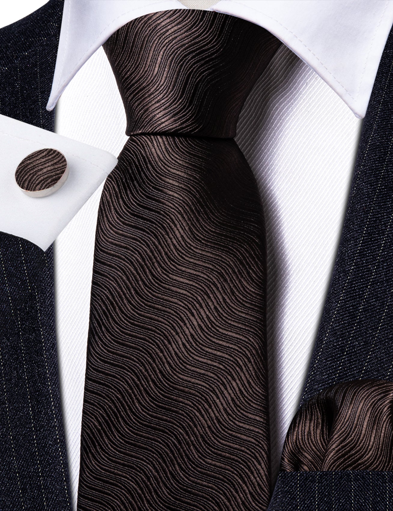 Brown Black Wavy Silk Tie Handkerchief Cufflinks Set For Men