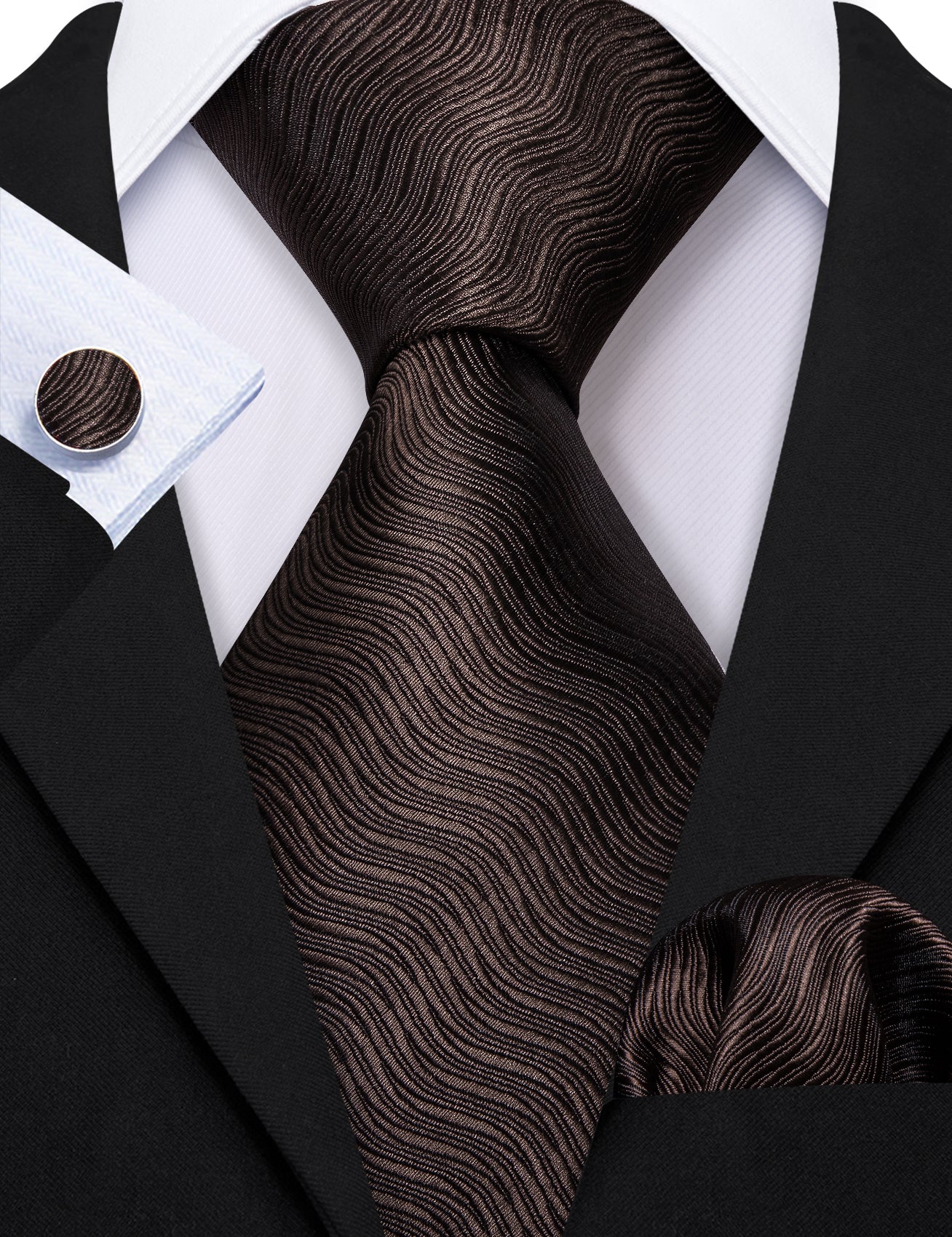 Brown Black Wavy Silk Tie Handkerchief Cufflinks Set For Men