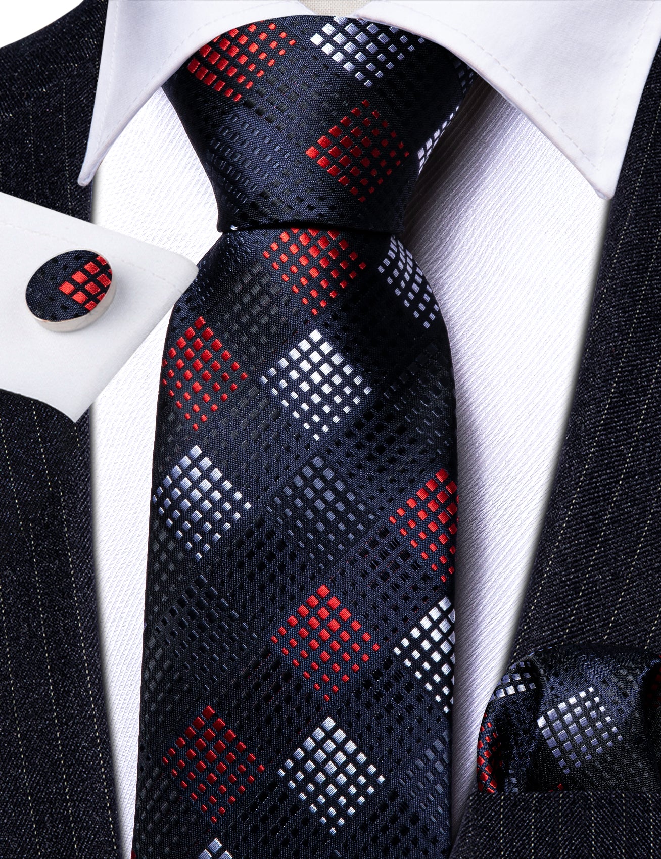 Fashion Black Red Plaid Silk Tie Handkerchief Cufflinks Set