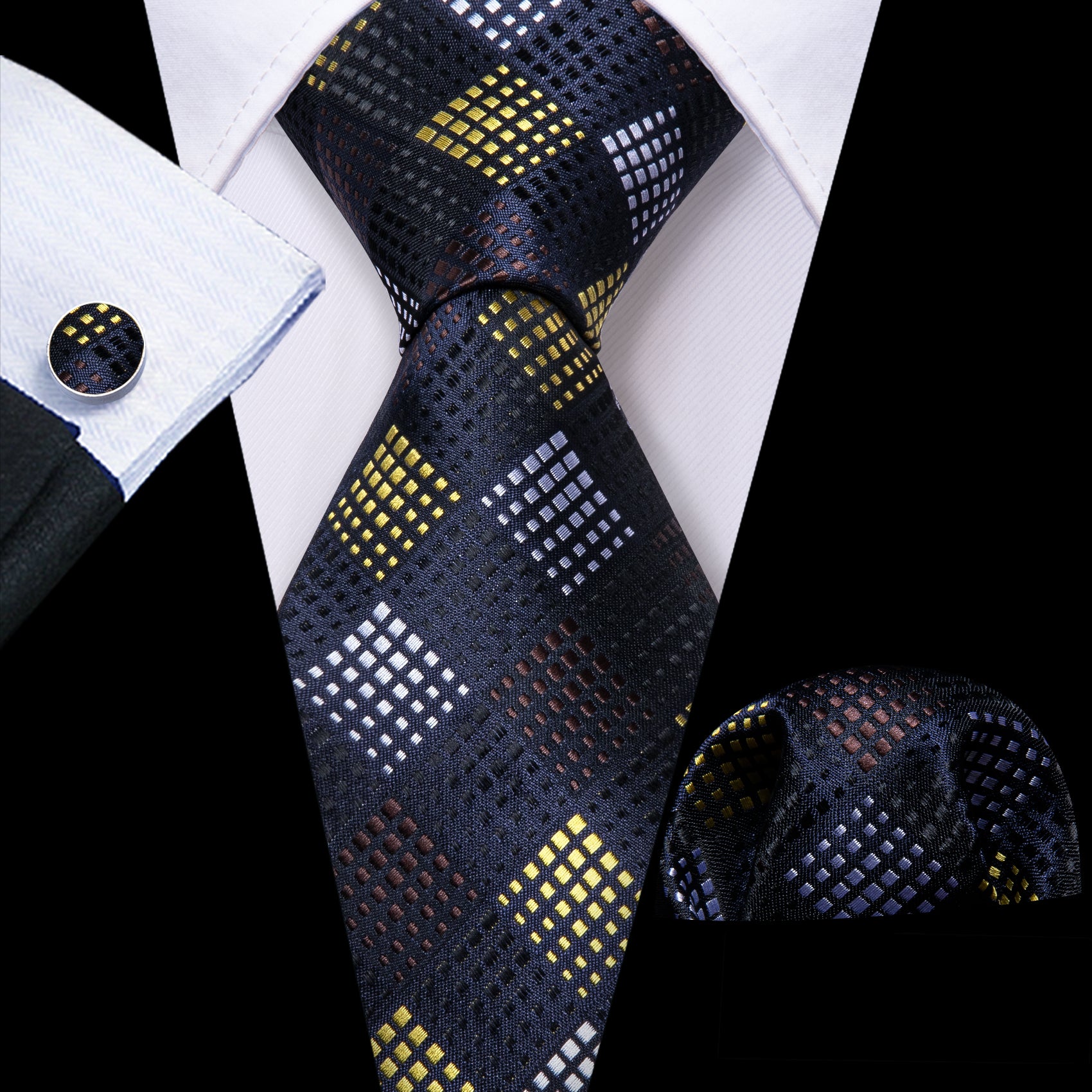 Fashion Black Yellow Plaid Silk Tie Handkerchief Cufflinks Set