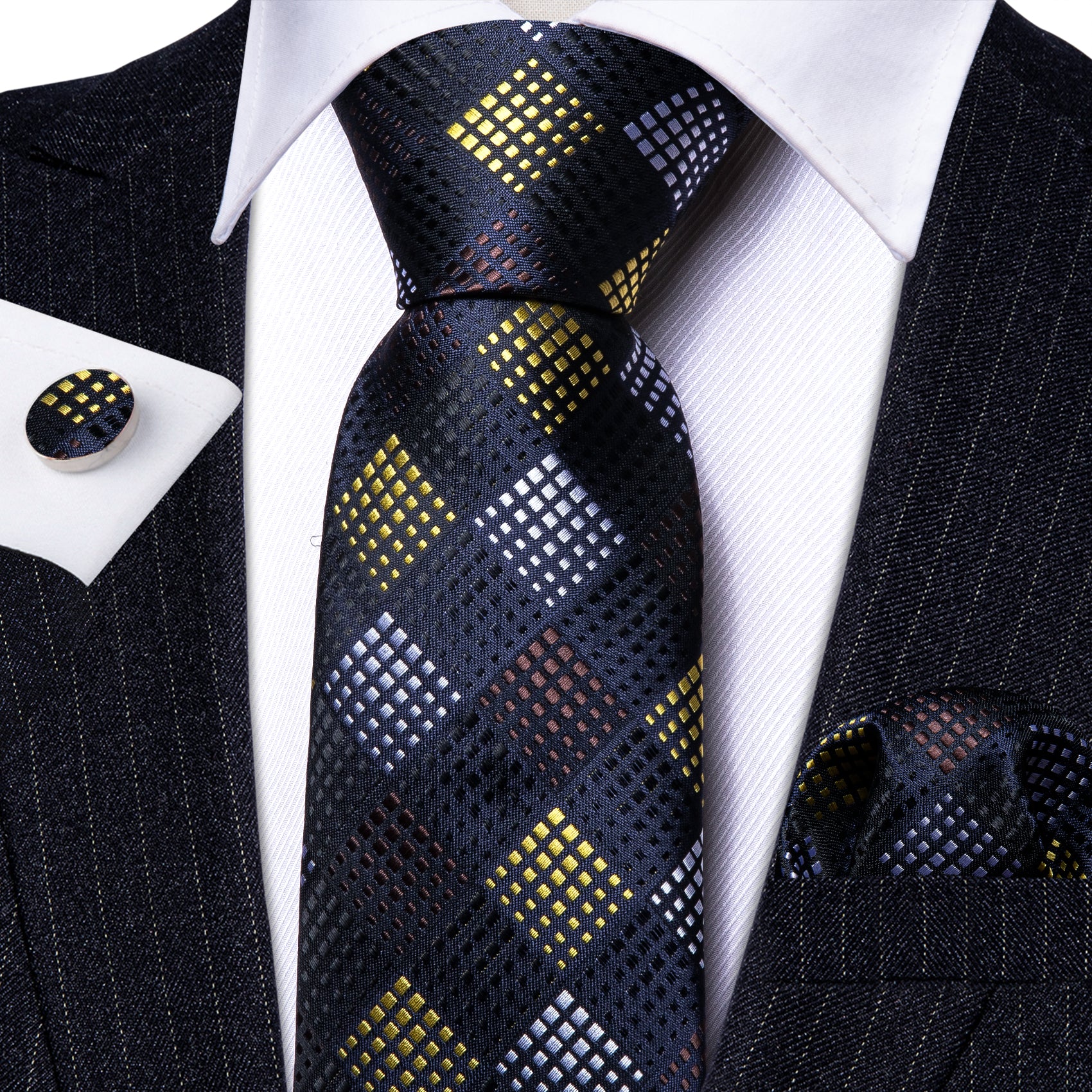 Fashion Black Yellow Plaid Silk Tie Handkerchief Cufflinks Set