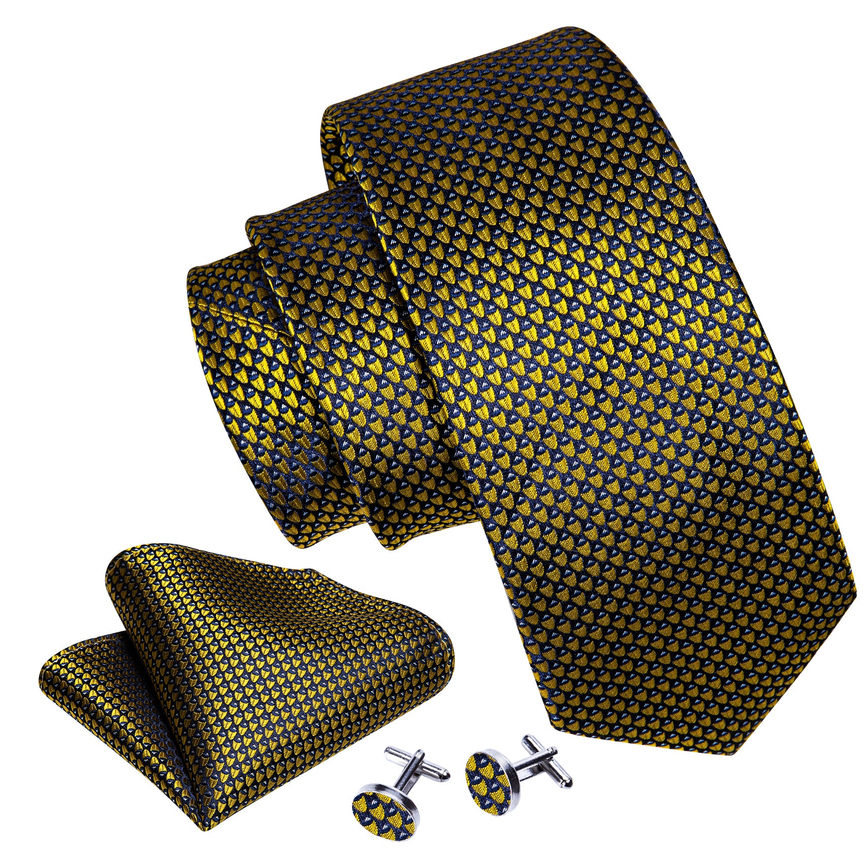 Yellow Blue Novelty Silk Tie Handkerchief Cufflinks Set