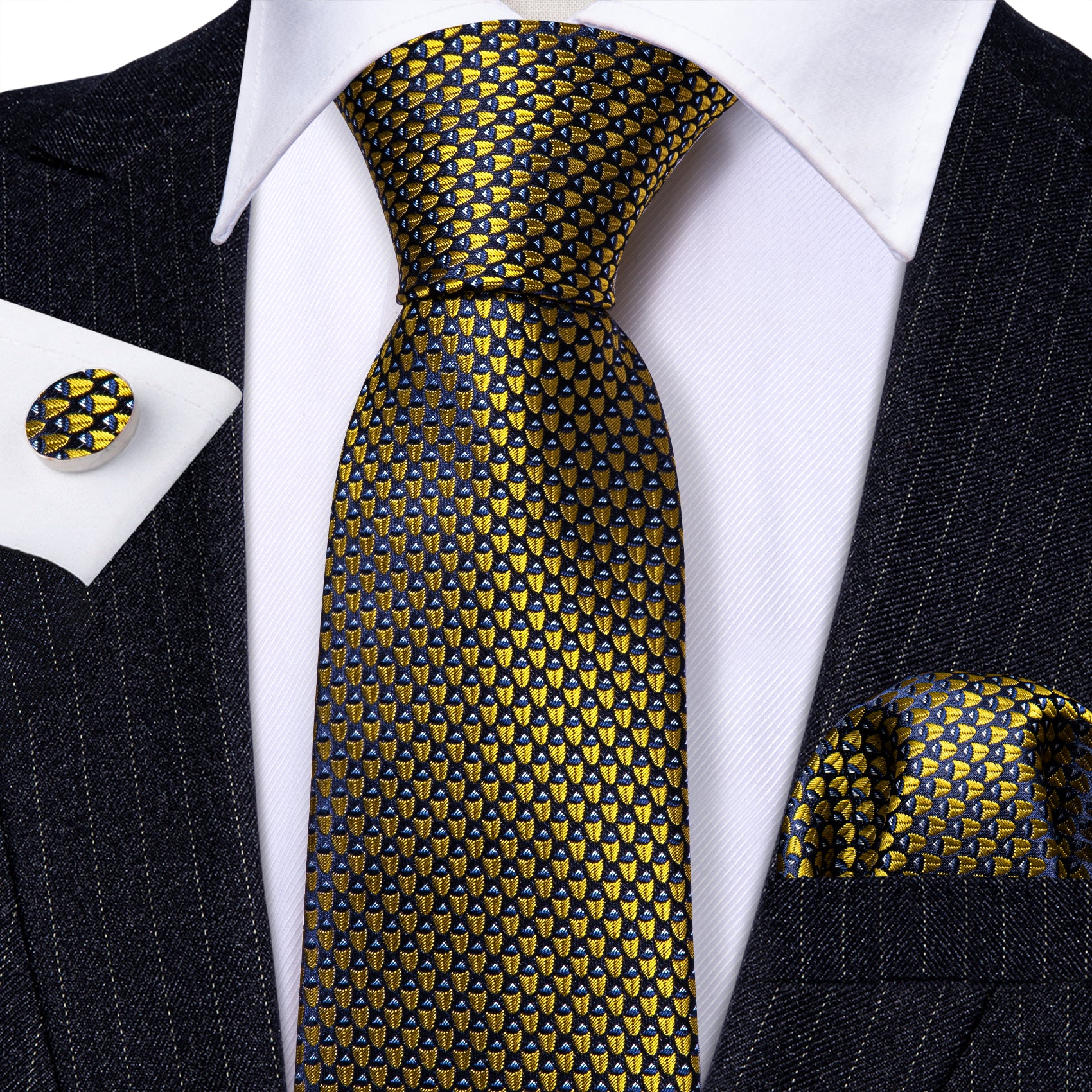 Yellow Blue Novelty Silk Tie Handkerchief Cufflinks Set