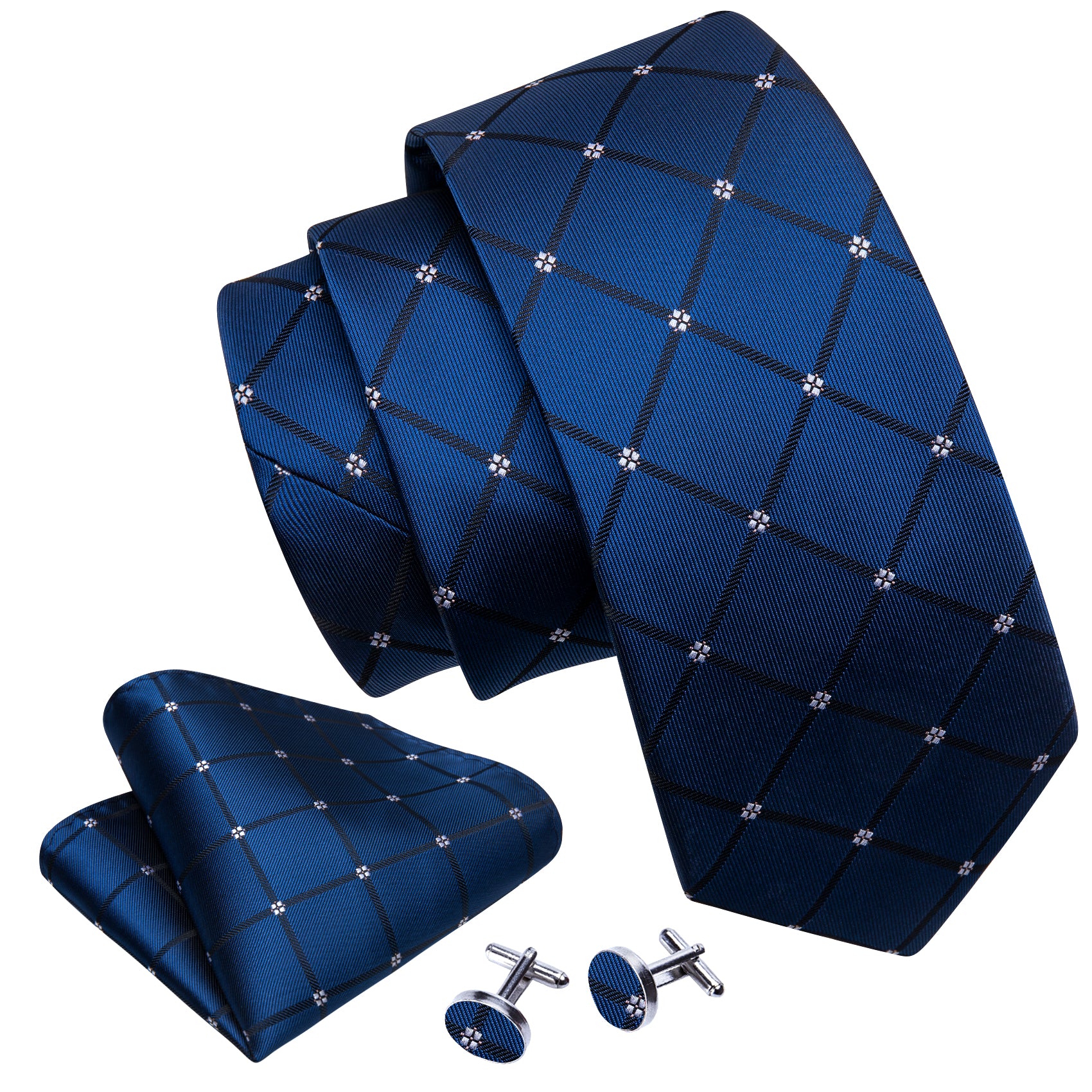 Blue Lattice Silk Tie Handkerchief Cufflinks Set For Men
