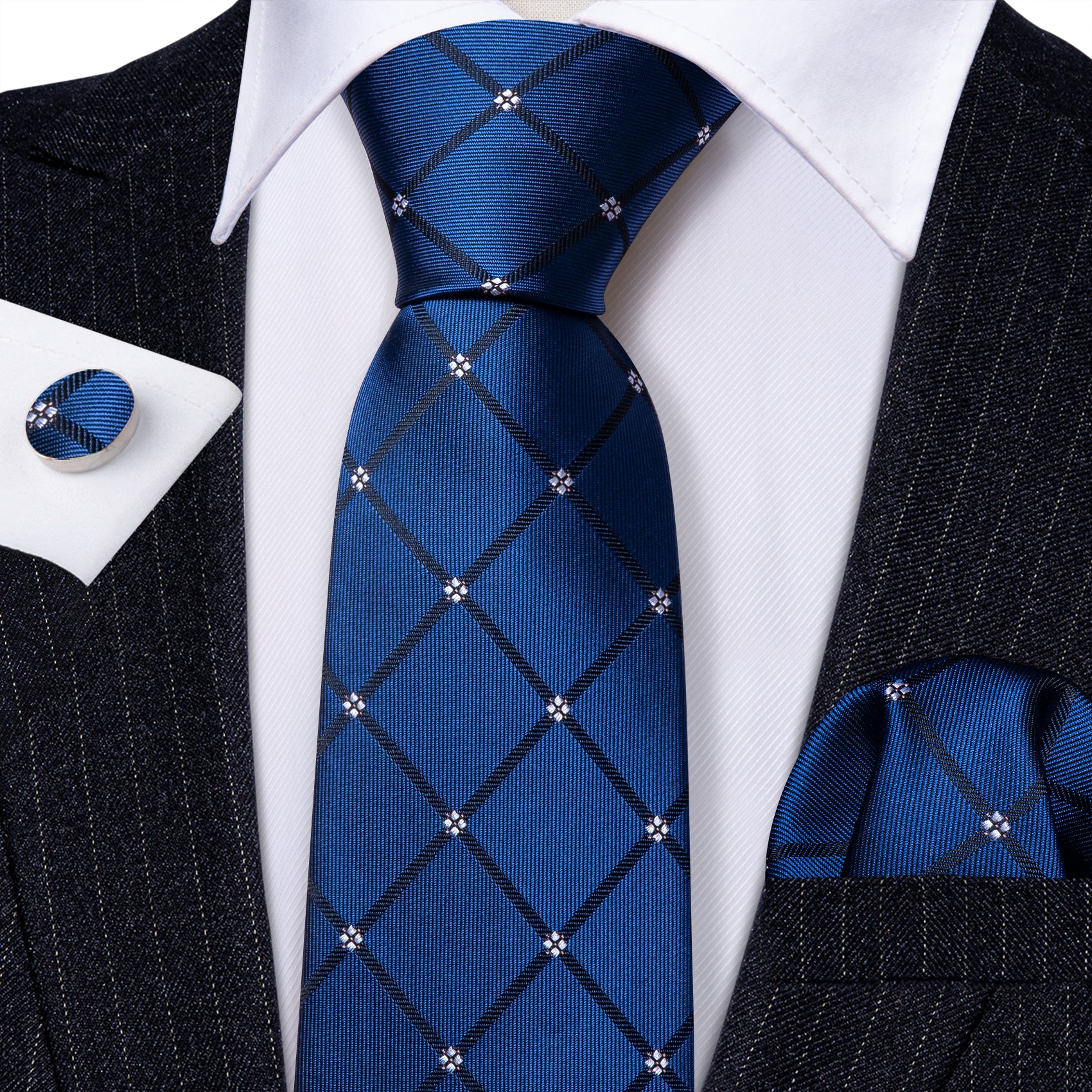 Blue Lattice Silk Tie Handkerchief Cufflinks Set For Men