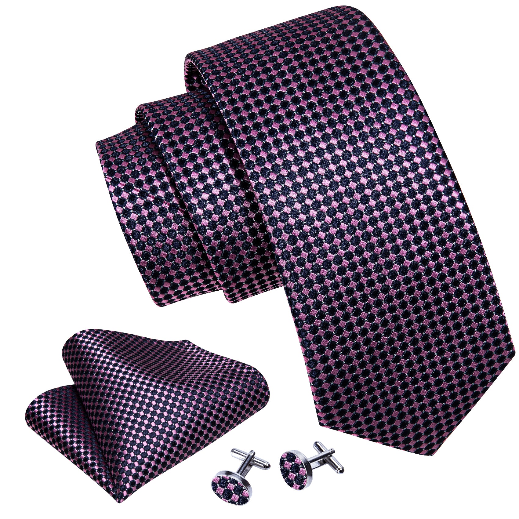 Purple Diamond Plaid Silk Tie Handkerchief Cufflinks Set