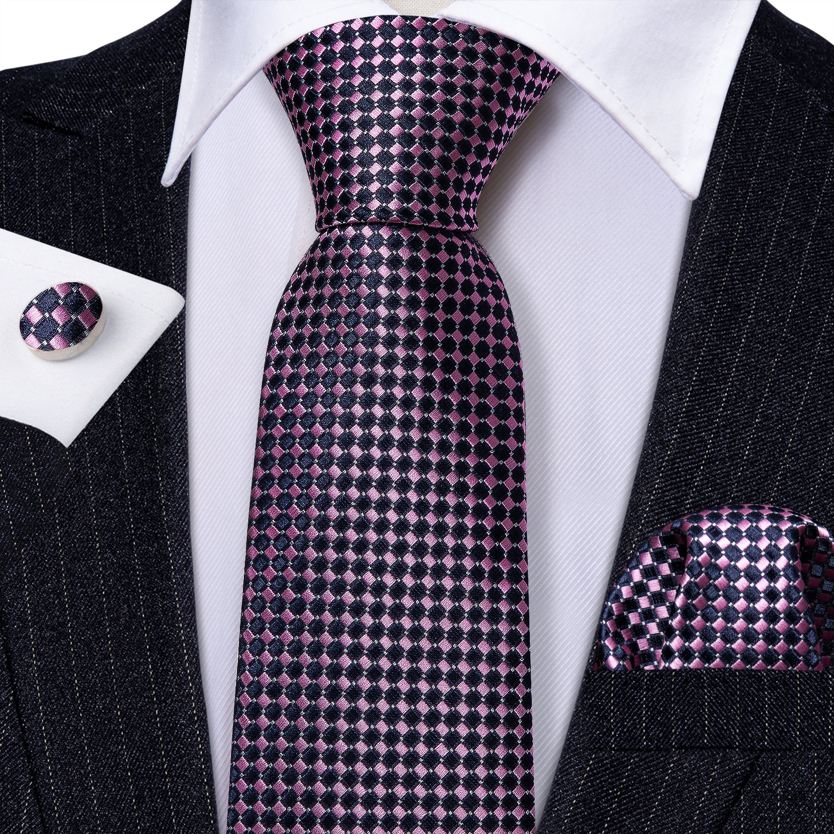 Purple Diamond Plaid Silk Tie Handkerchief Cufflinks Set