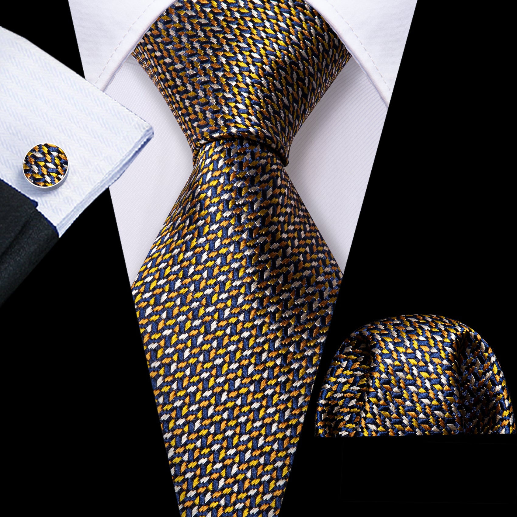 Gold White Floral Silk Tie Handkerchief Cufflinks Set