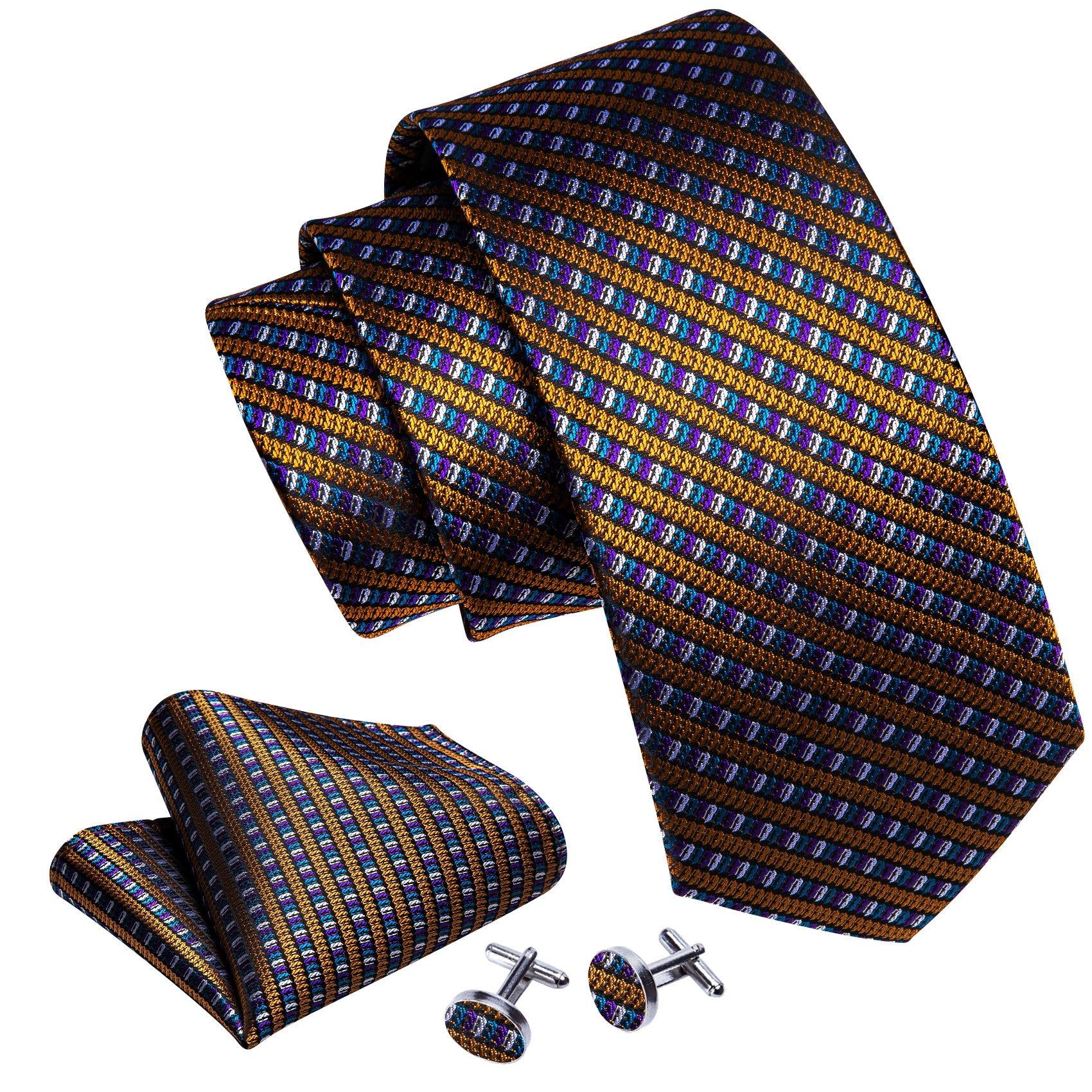 Gold Purple Novetly Striped Silk Tie Handkerchief Cufflinks Set