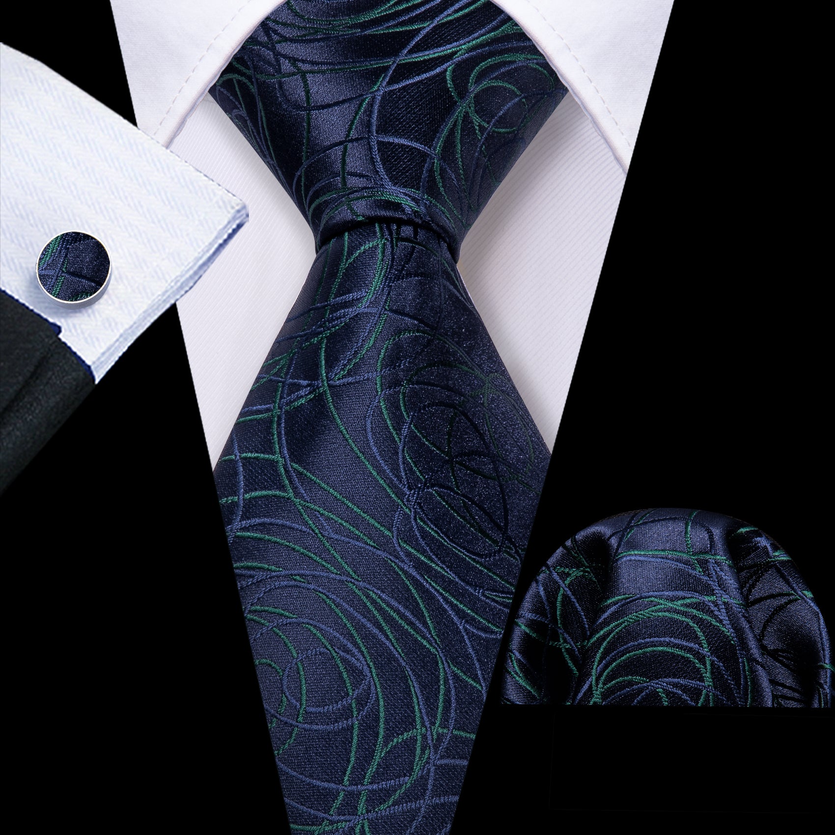 Blue Green Line image Silk Tie Handkerchief Cufflinks Set