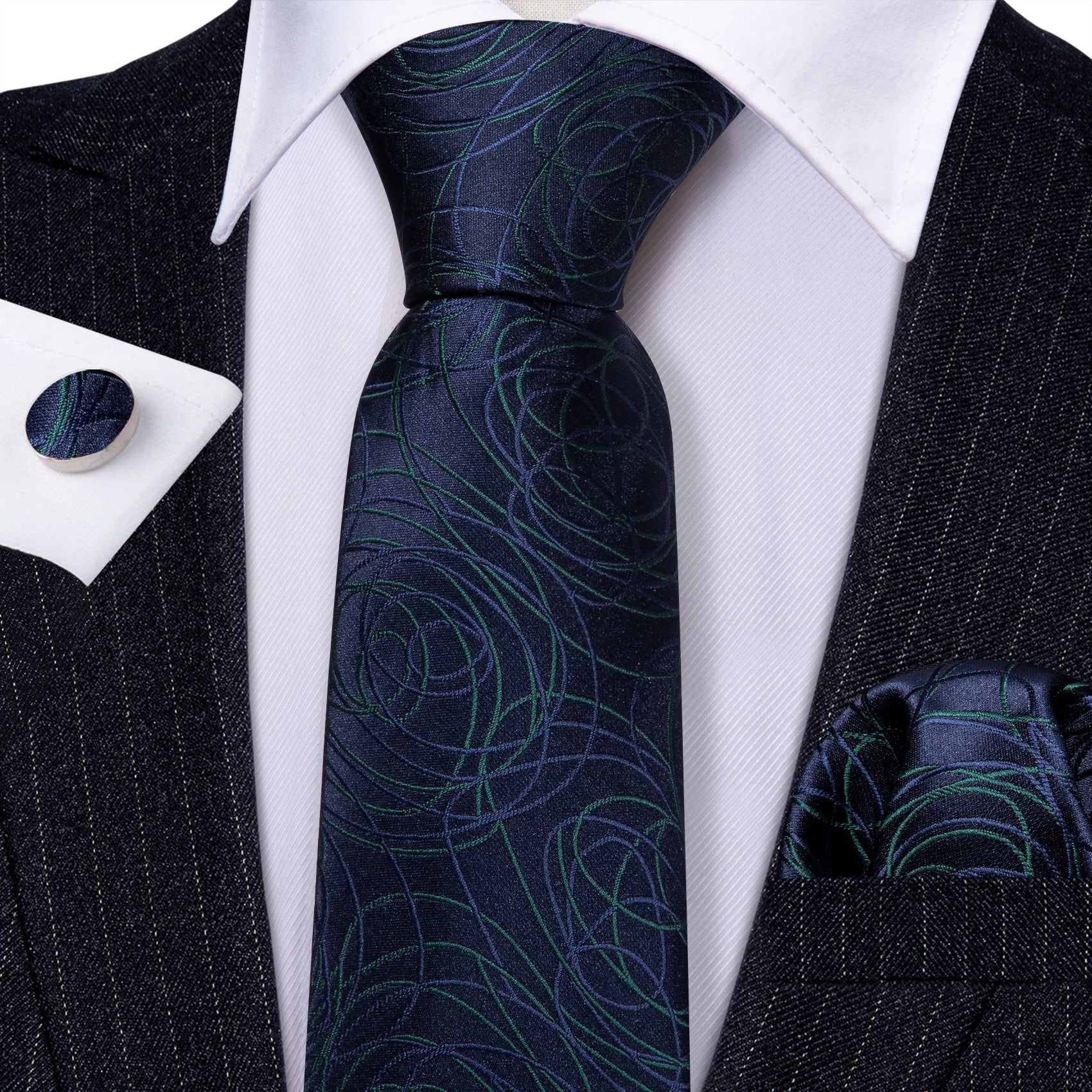 Barry Wang Blue Tie Green Line Silk Tie Handkerchief Cufflinks Set