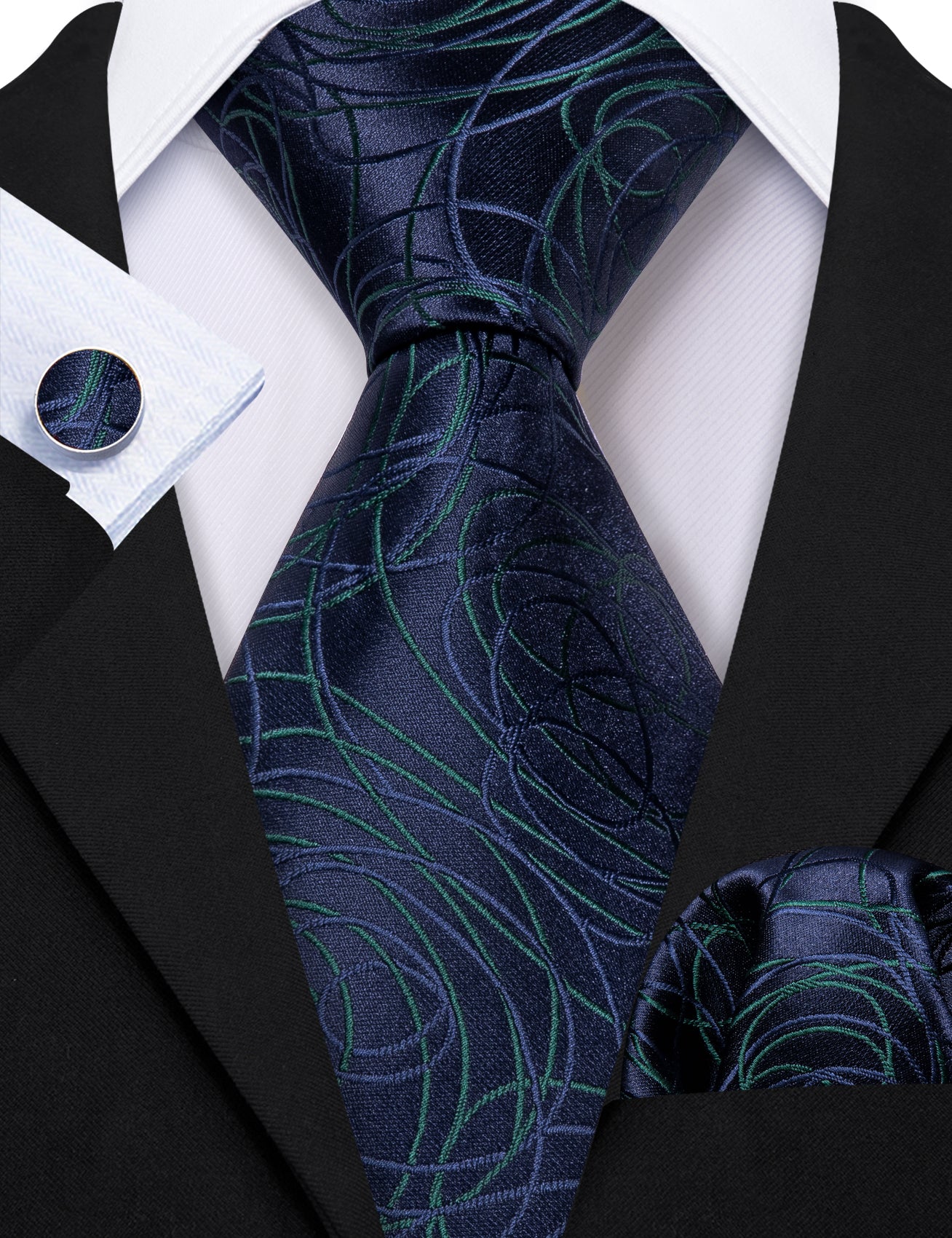 Blue Green Line image Silk Tie Handkerchief Cufflinks Set