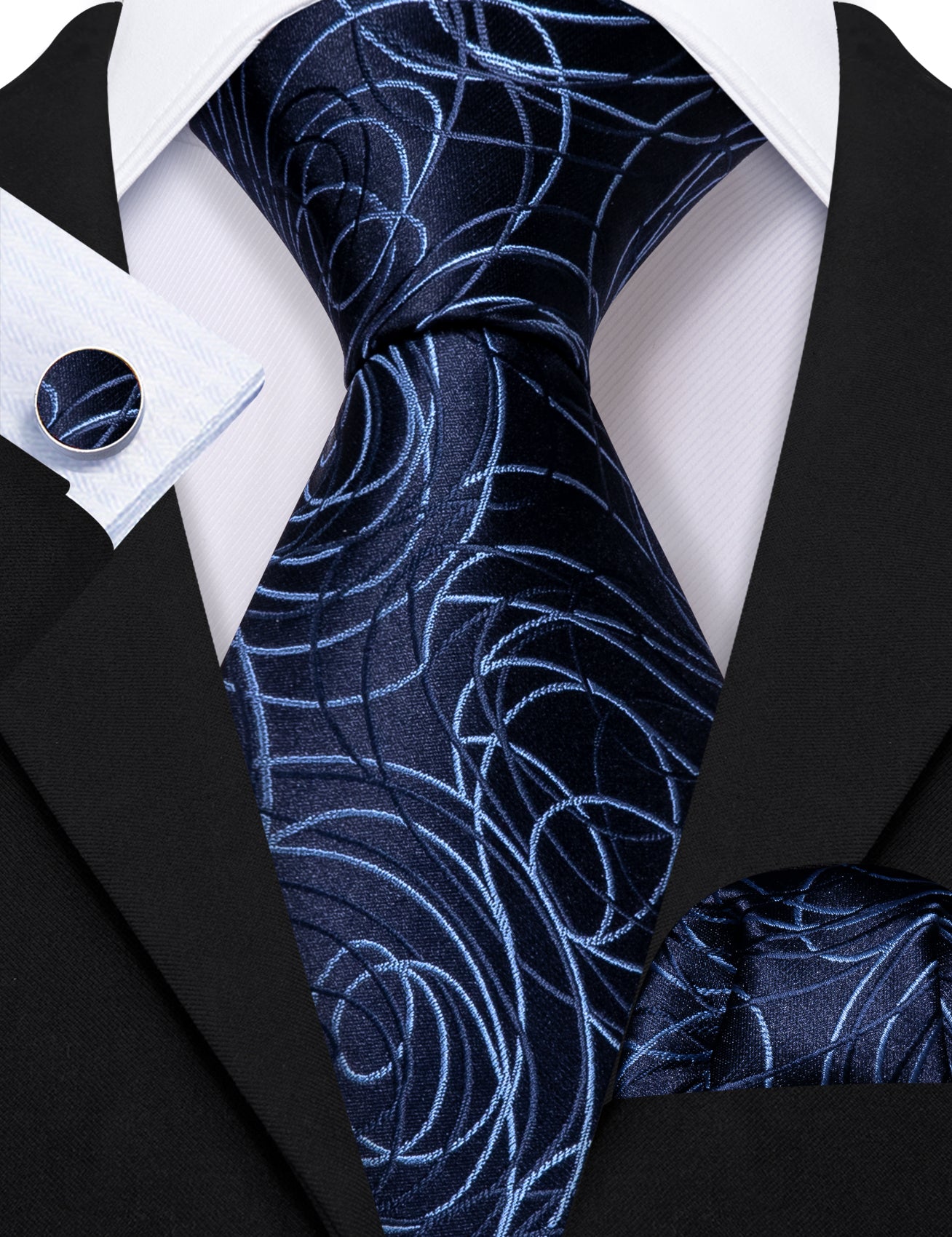 Blue Novelty Silk Tie Handkerchief Cufflinks Set For Men