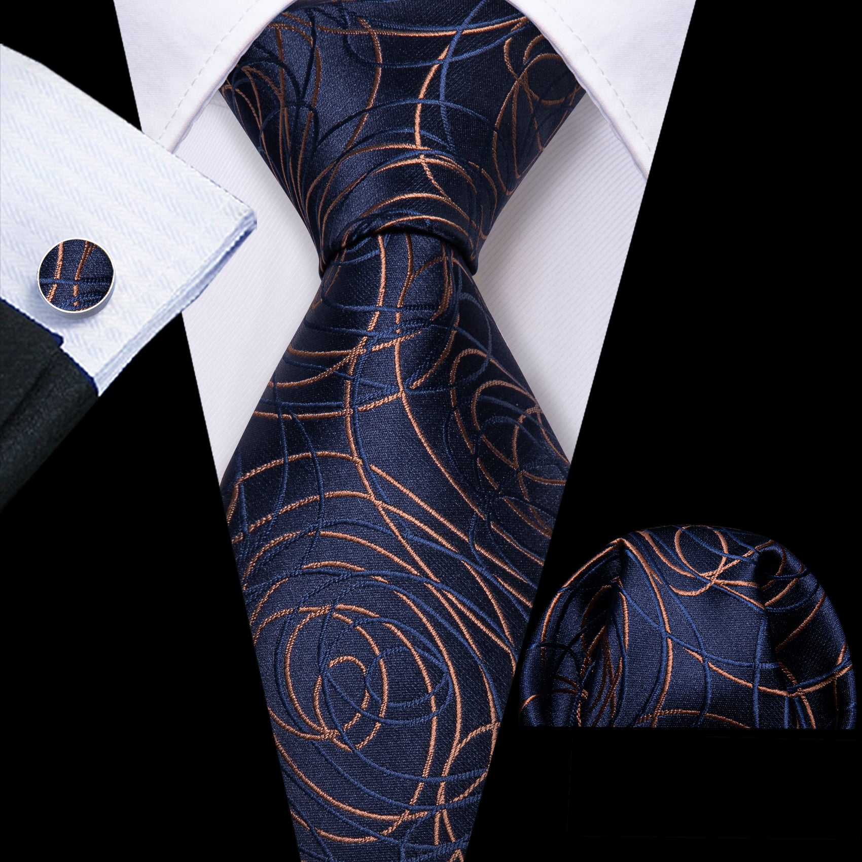 Blue Gold Line image Silk Tie Handkerchief Cufflinks Set