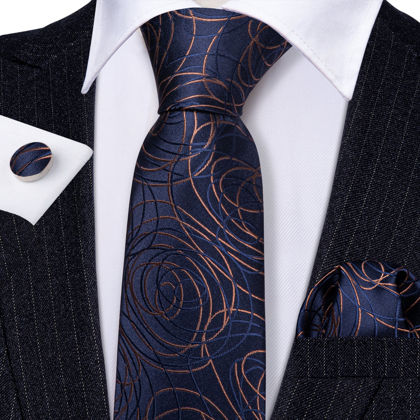 Blue Gold Line image Silk Tie Handkerchief Cufflinks Set