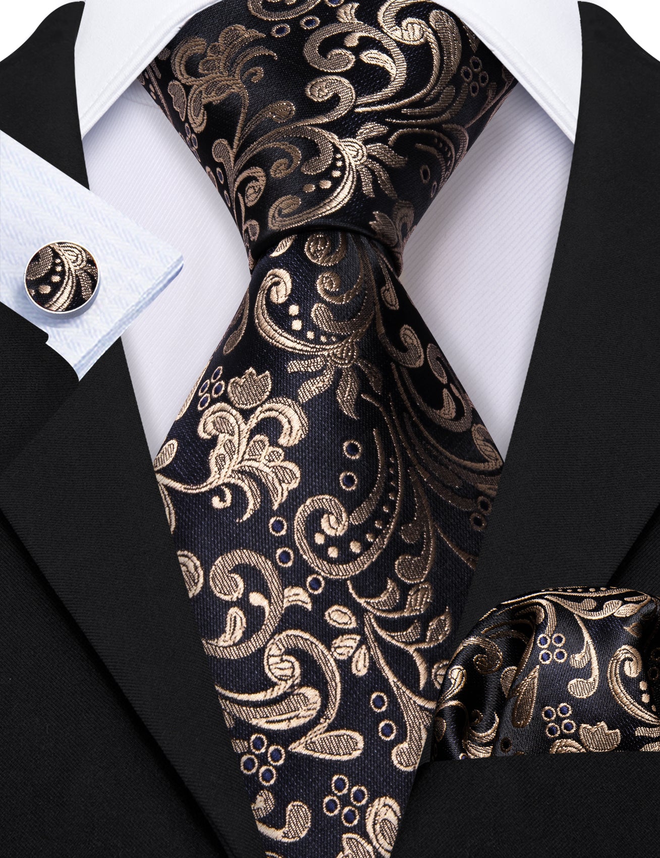 Gold Black Paisley Silk Tie Handkerchief Cufflinks Set