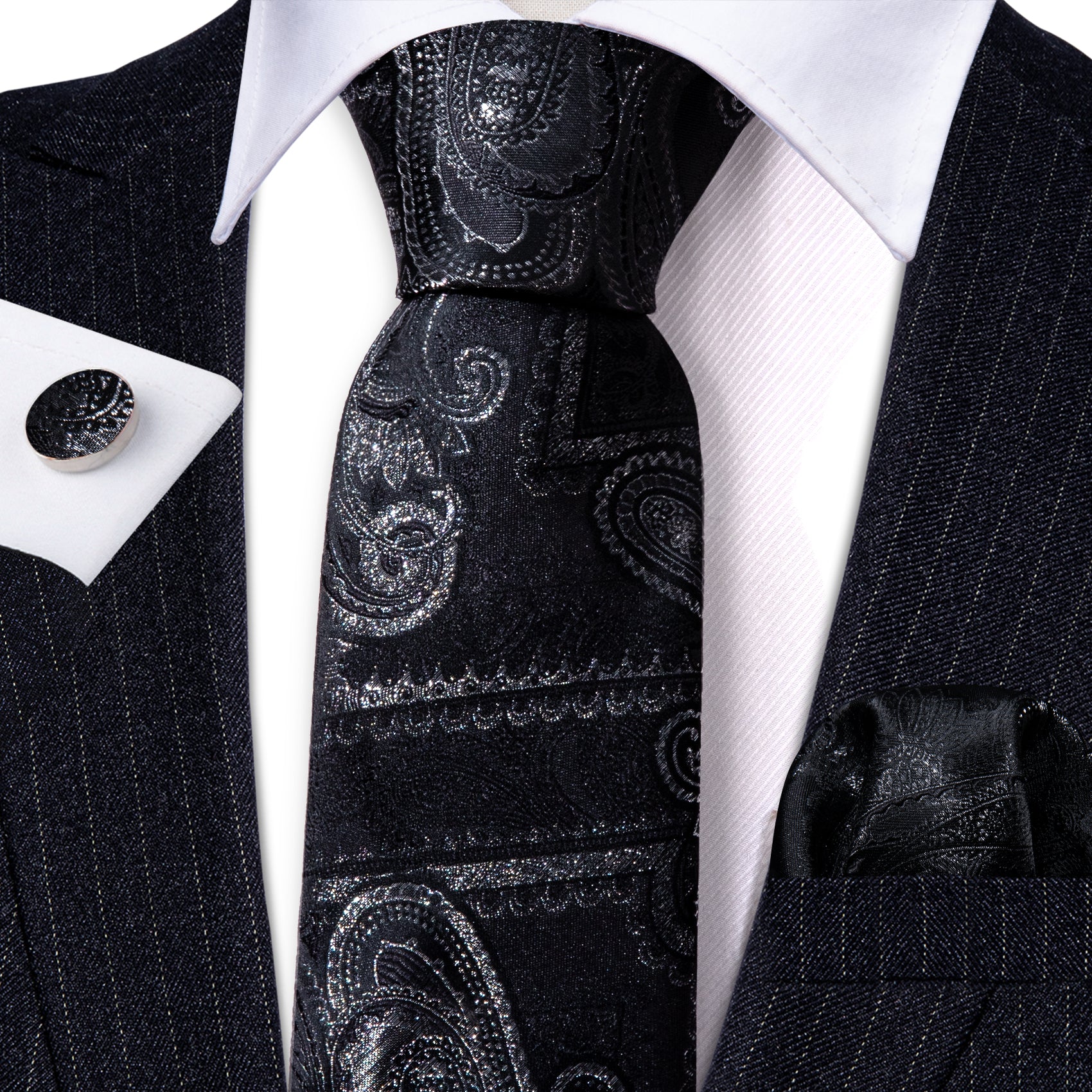 Black Paisley Silk Tie Handkerchief Cufflinks Set