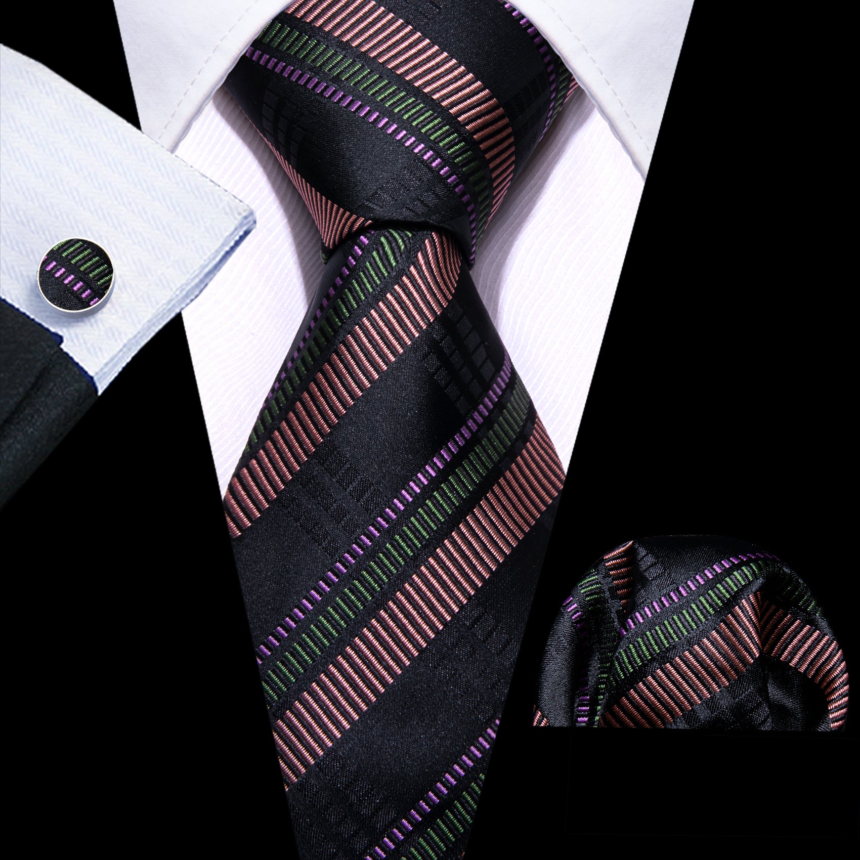 Bright Black Brown Striped Tie Handkerchief Cufflinks Set