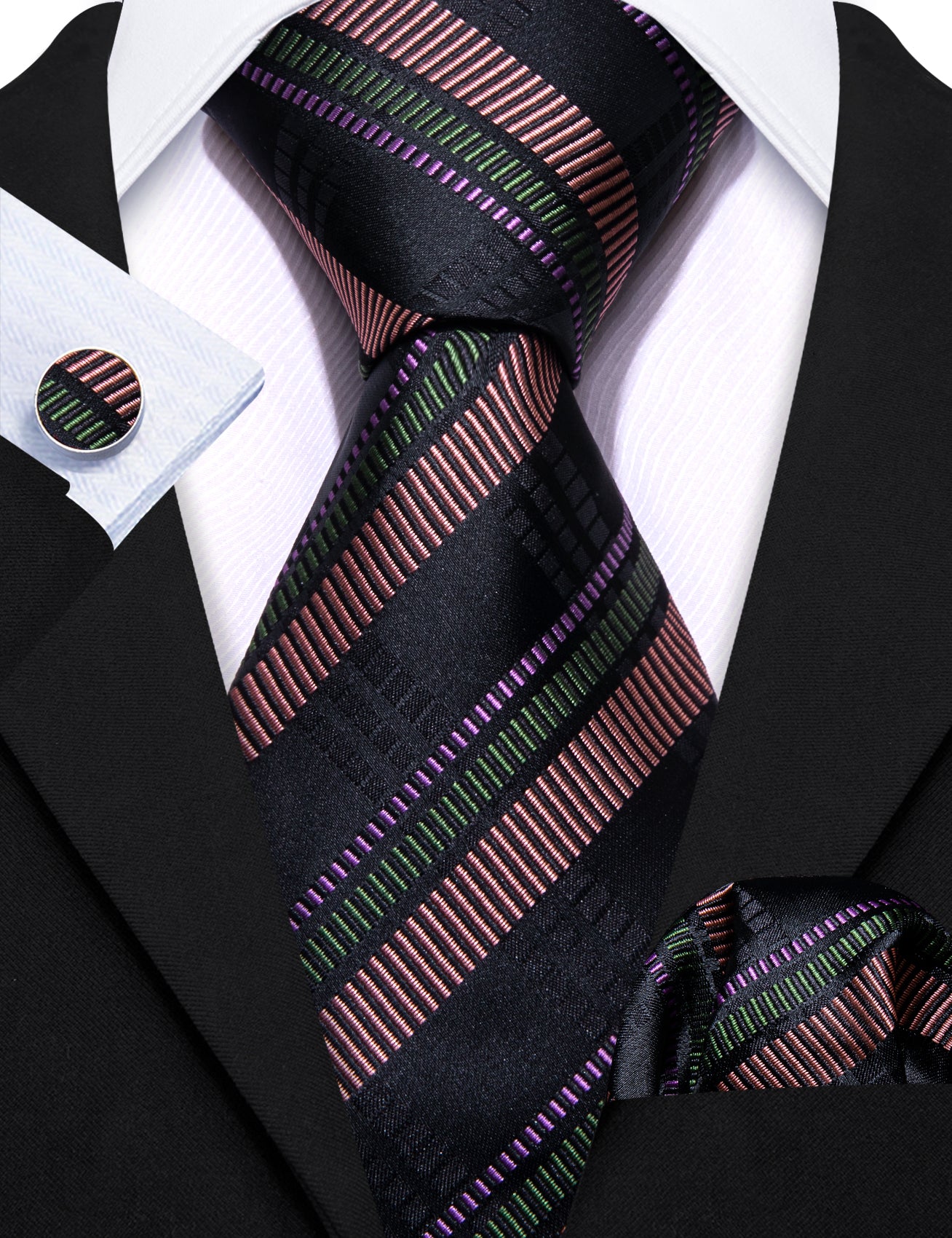 Bright Black Brown Striped Tie Handkerchief Cufflinks Set