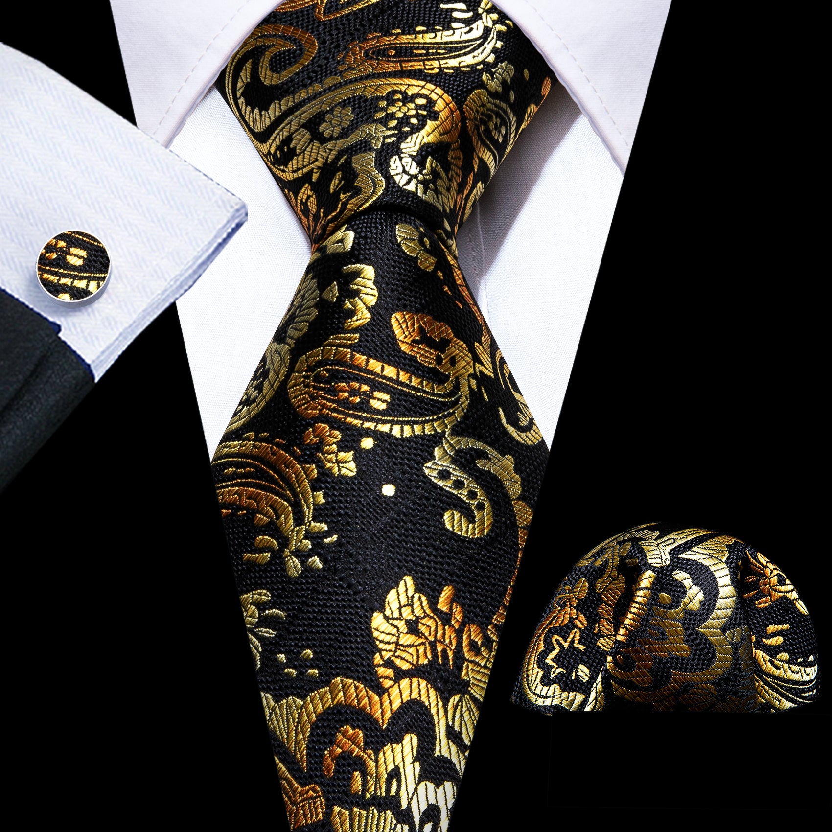 New Black Gold Paisley Tie Handkerchief Cufflinks Set
