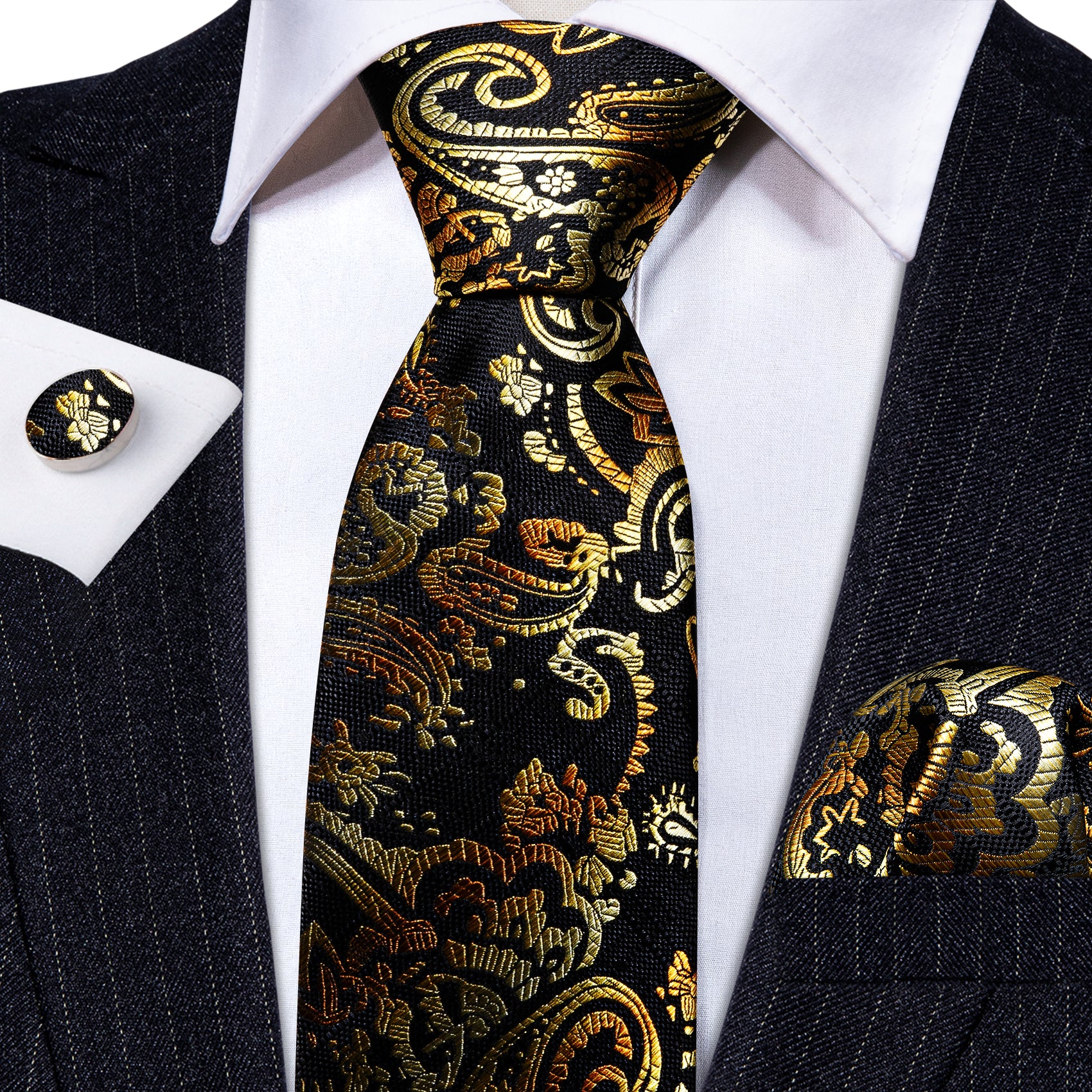 New Black Gold Paisley Tie Handkerchief Cufflinks Set