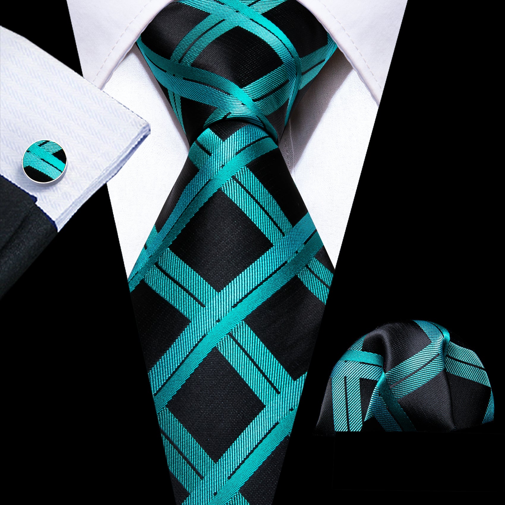 Bright Blue Black Plaid Silk Tie Handkerchief Cufflinks Set