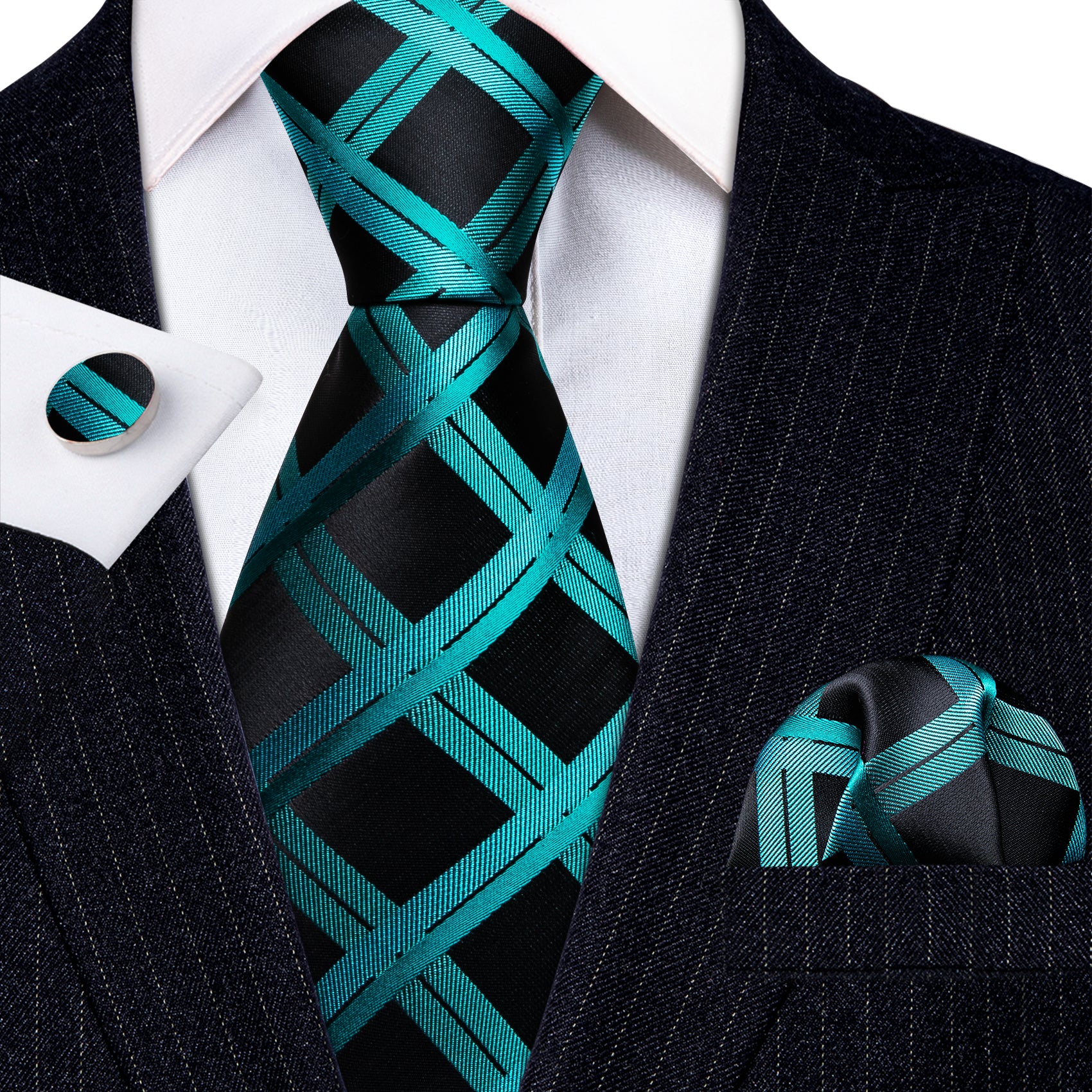Bright Blue Black Plaid Silk Tie Handkerchief Cufflinks Set