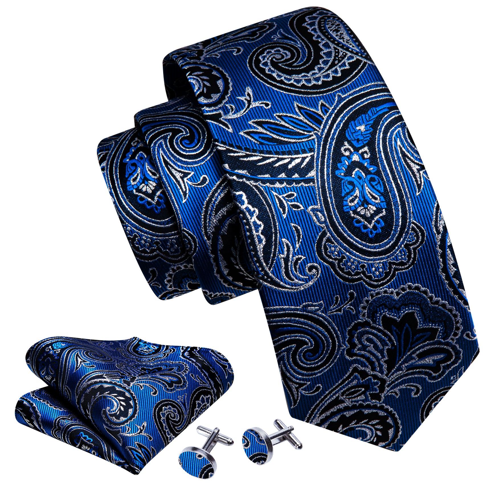 Bright Blue Silver Paisley Silk Tie Handkerchief Cufflinks Set