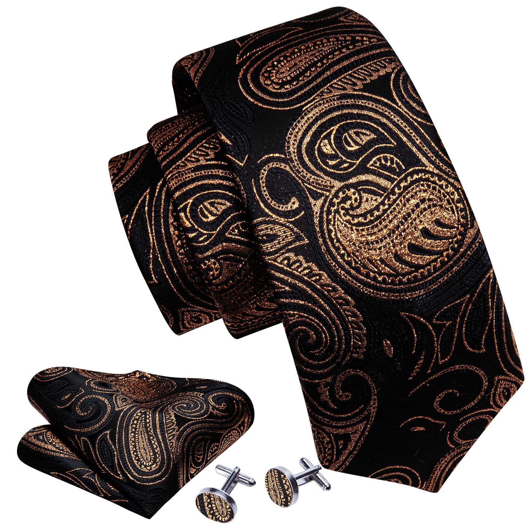 Luxury Black Gold Paisley Silk Tie Handkerchief Cufflinks Set