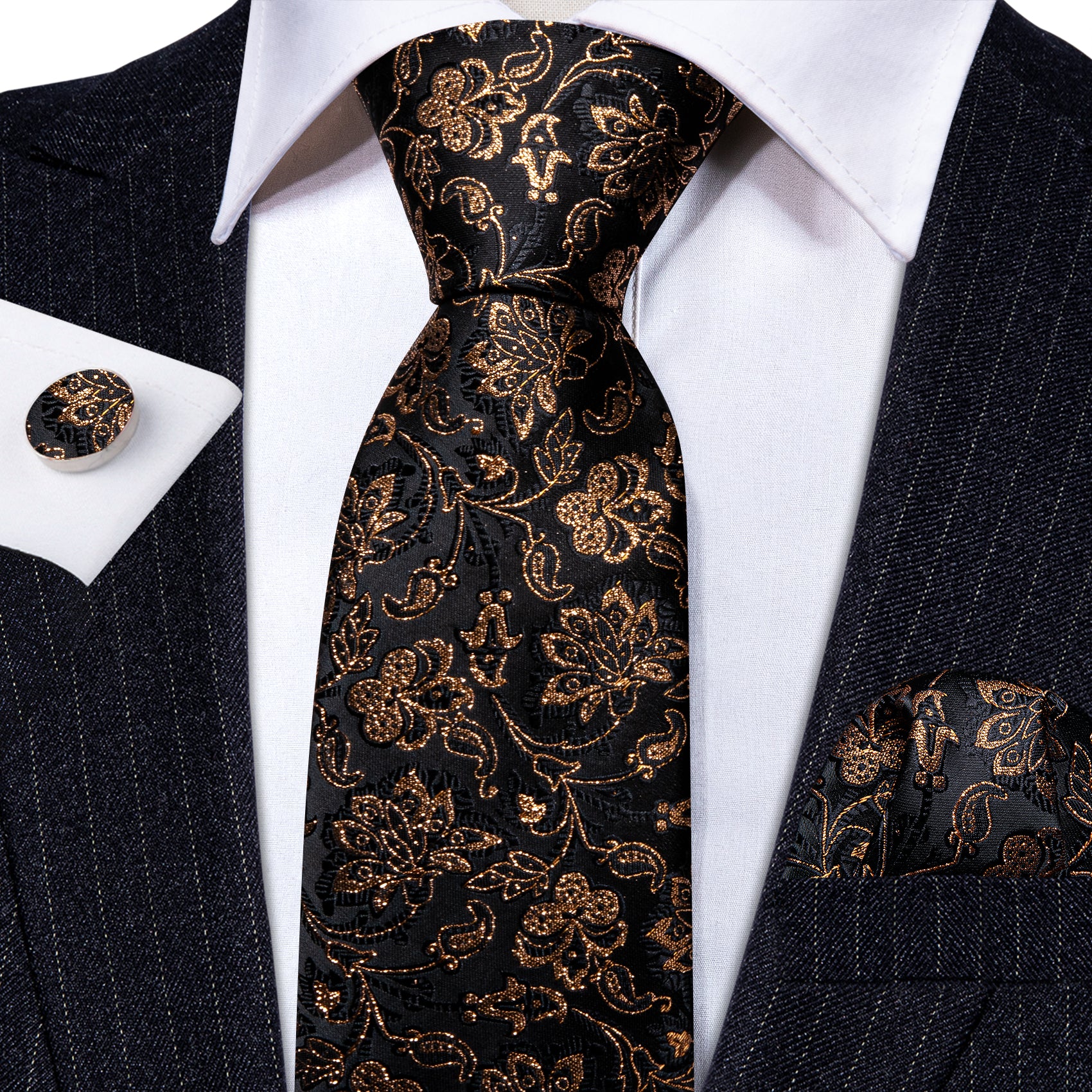 Shining Black Gold Paisley Silk Tie Handkerchief Cufflinks Set
