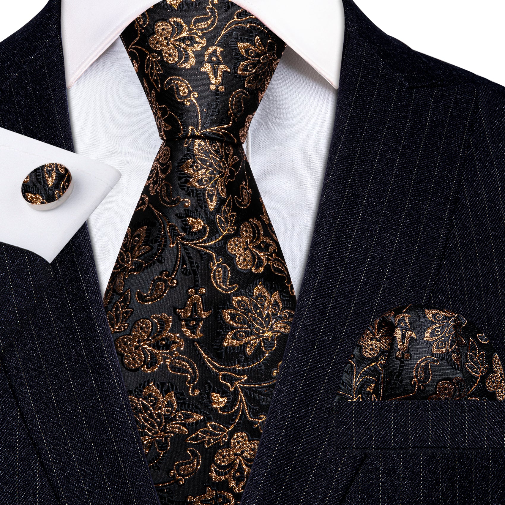 Shining Black Gold Paisley Silk Tie Handkerchief Cufflinks Set