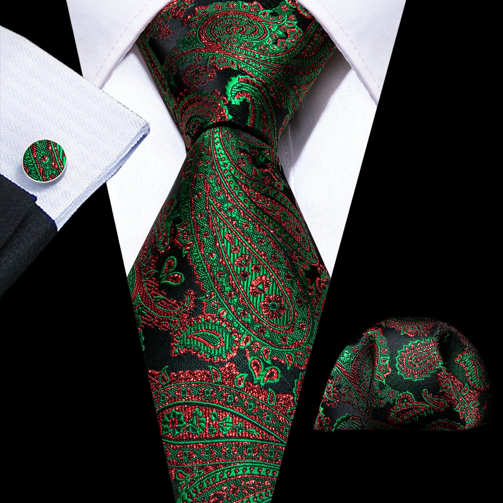 Luxury Green Red Brown Paisley Silk Tie Handkerchief Cufflinks Set