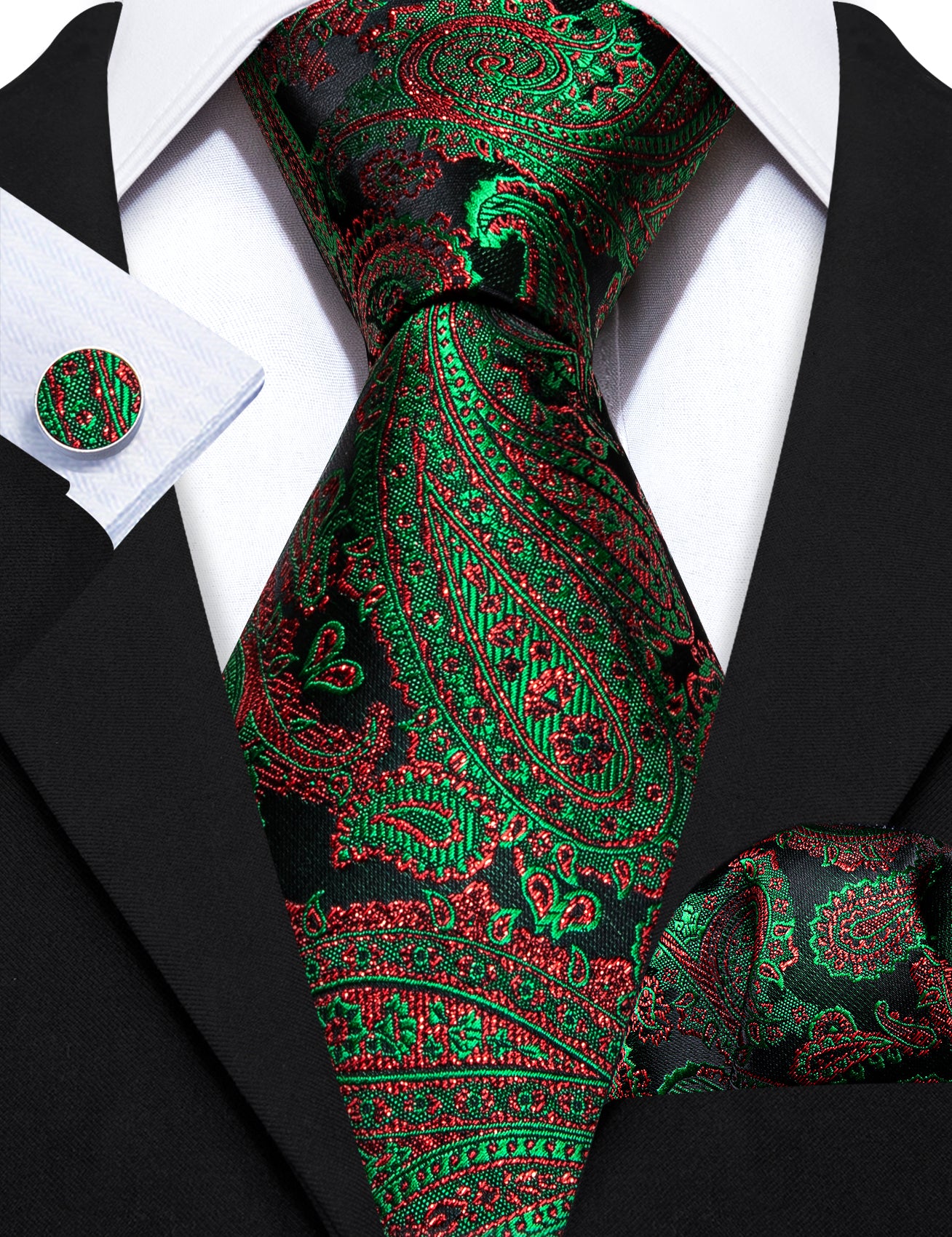 Luxury Green Red Brown Paisley Silk Tie Handkerchief Cufflinks Set