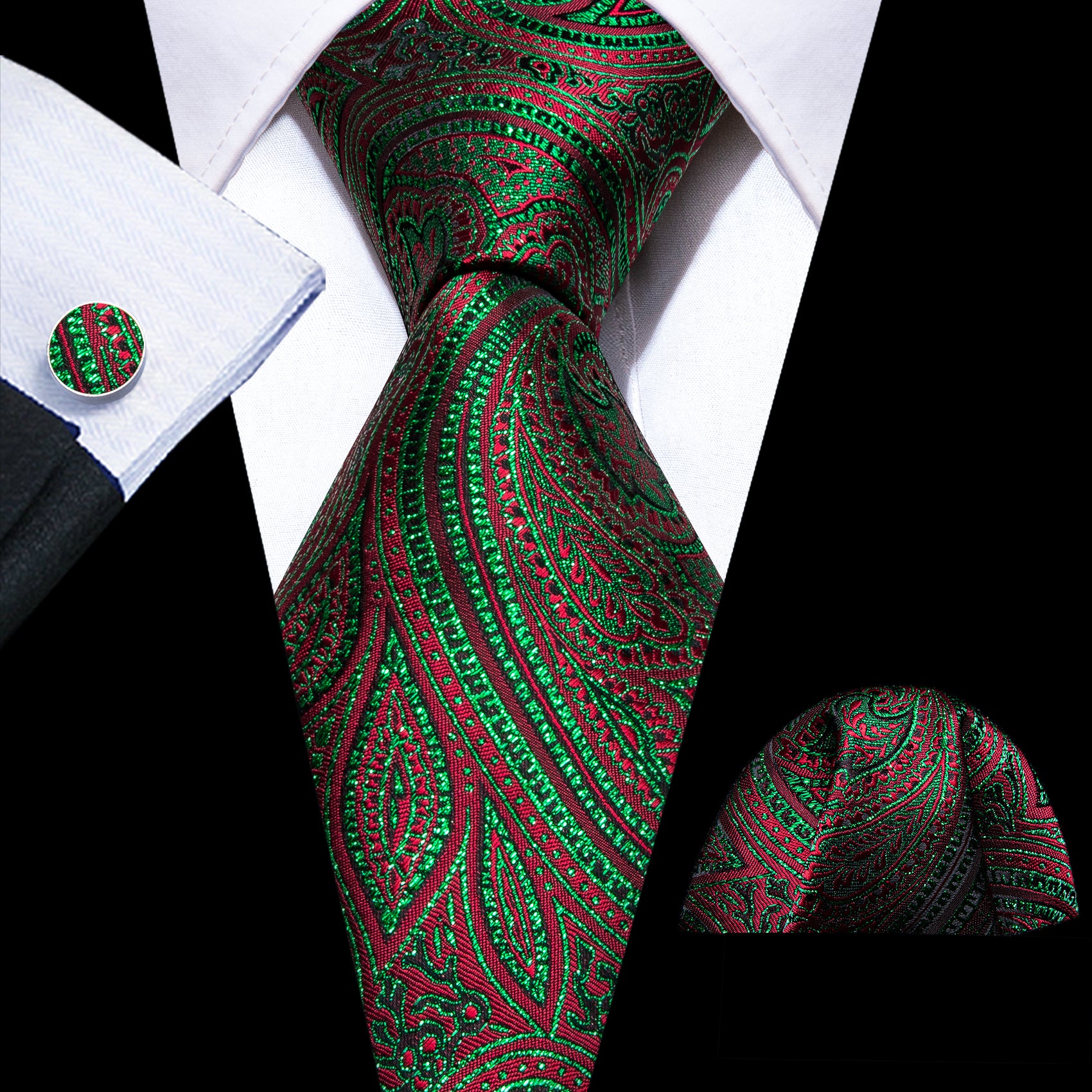 Green Red Paisley Silk Tie Handkerchief Cufflinks Set