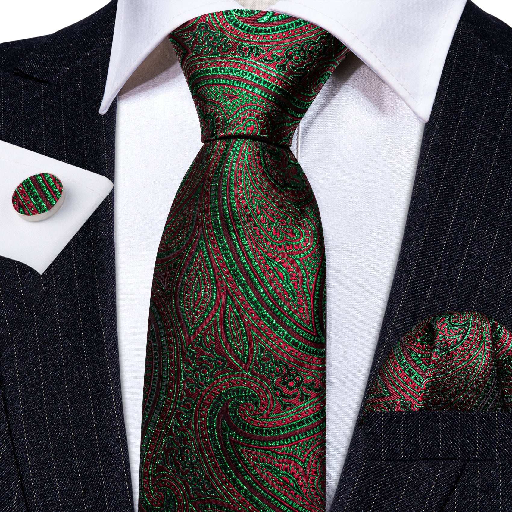Green Red Paisley Silk Tie Handkerchief Cufflinks Set