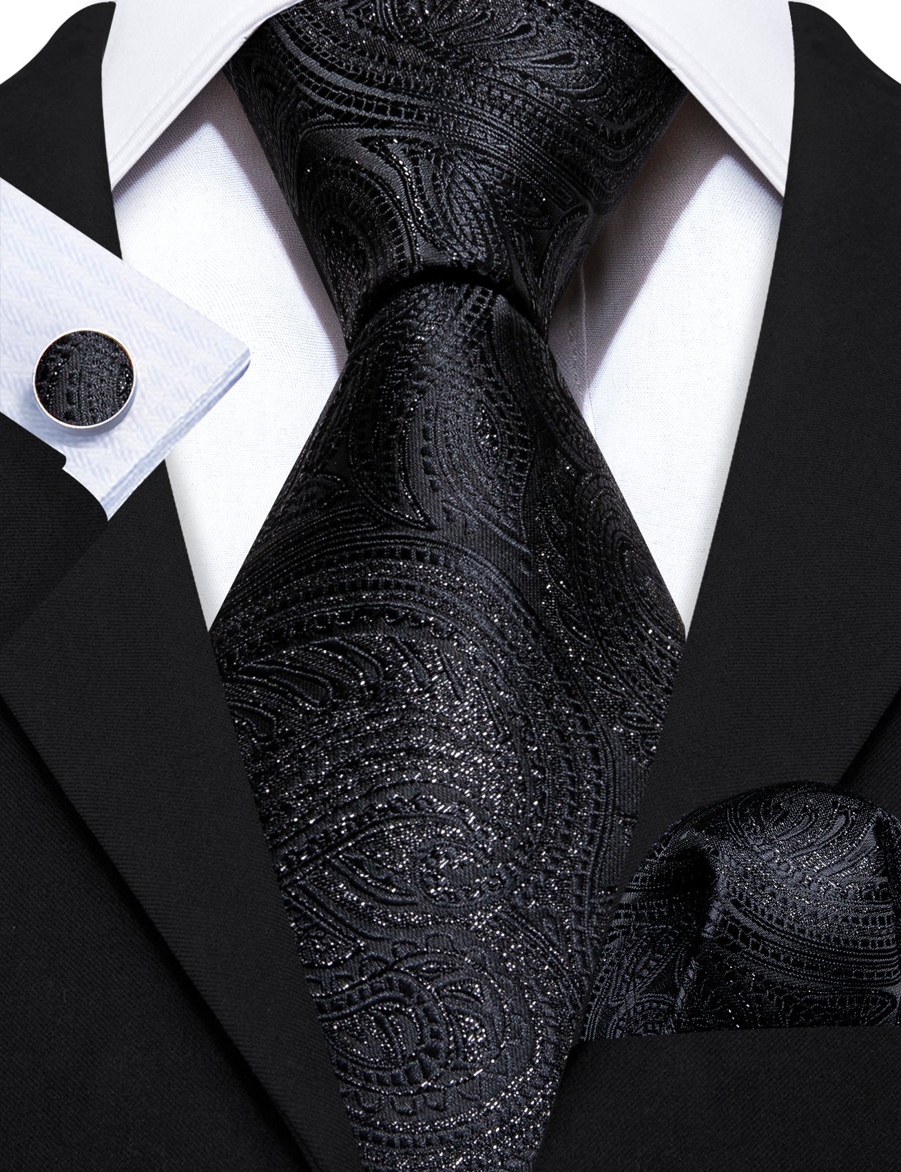 Shining Black Paisley Silk Tie Handkerchief Cufflinks Set